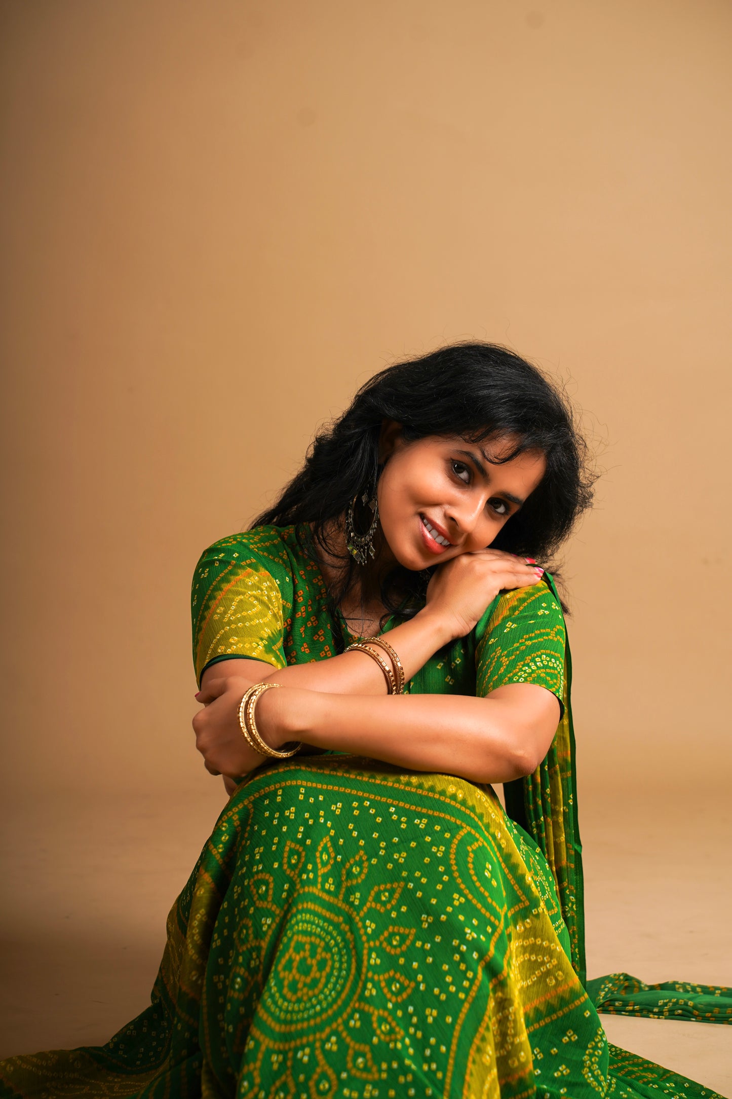 Bhandani Print Predraped Saree - green and Yellow