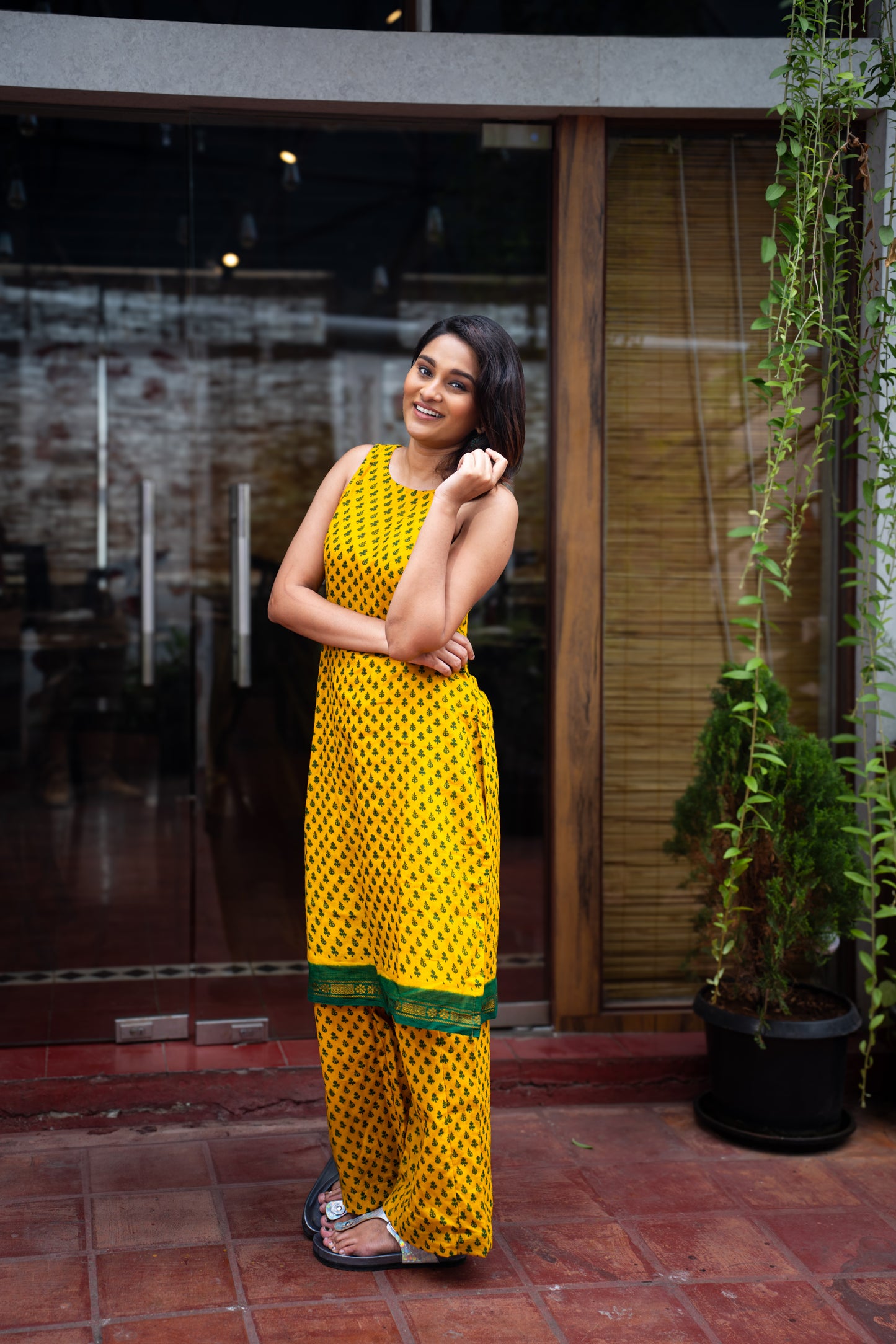 Madurai Sungudi Long Top Halter Neck Coords Yellow