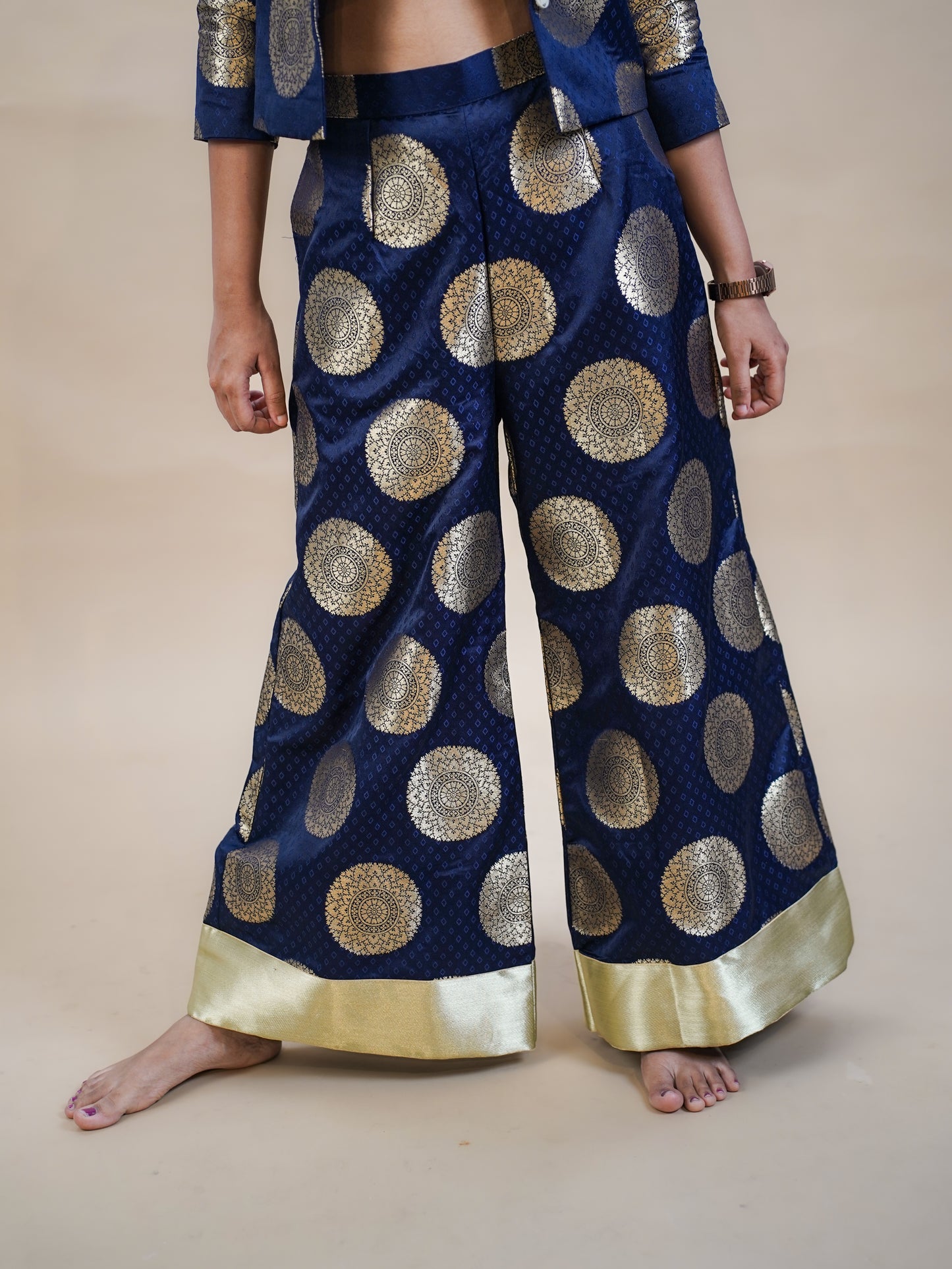 Banarazi Navy Jacket–Palazzo Set with Gold Blouse