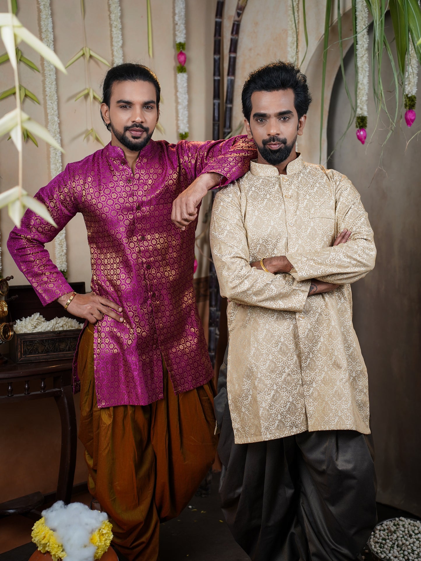 Men’s Semi Brocade Kurta Set with Dhoti Pant