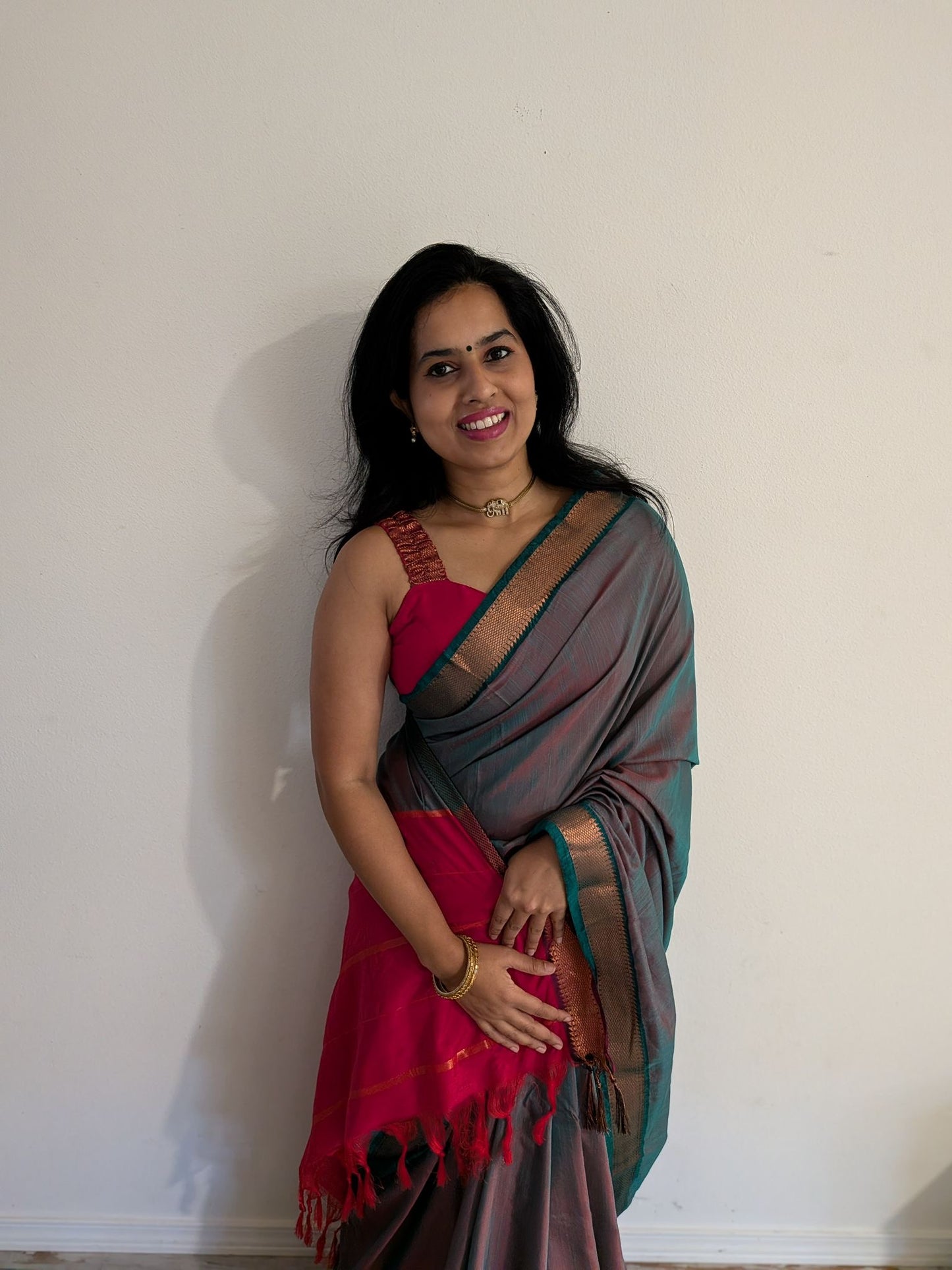 Ahana - Gray Semi Soft Silk Saree - Red Blouse