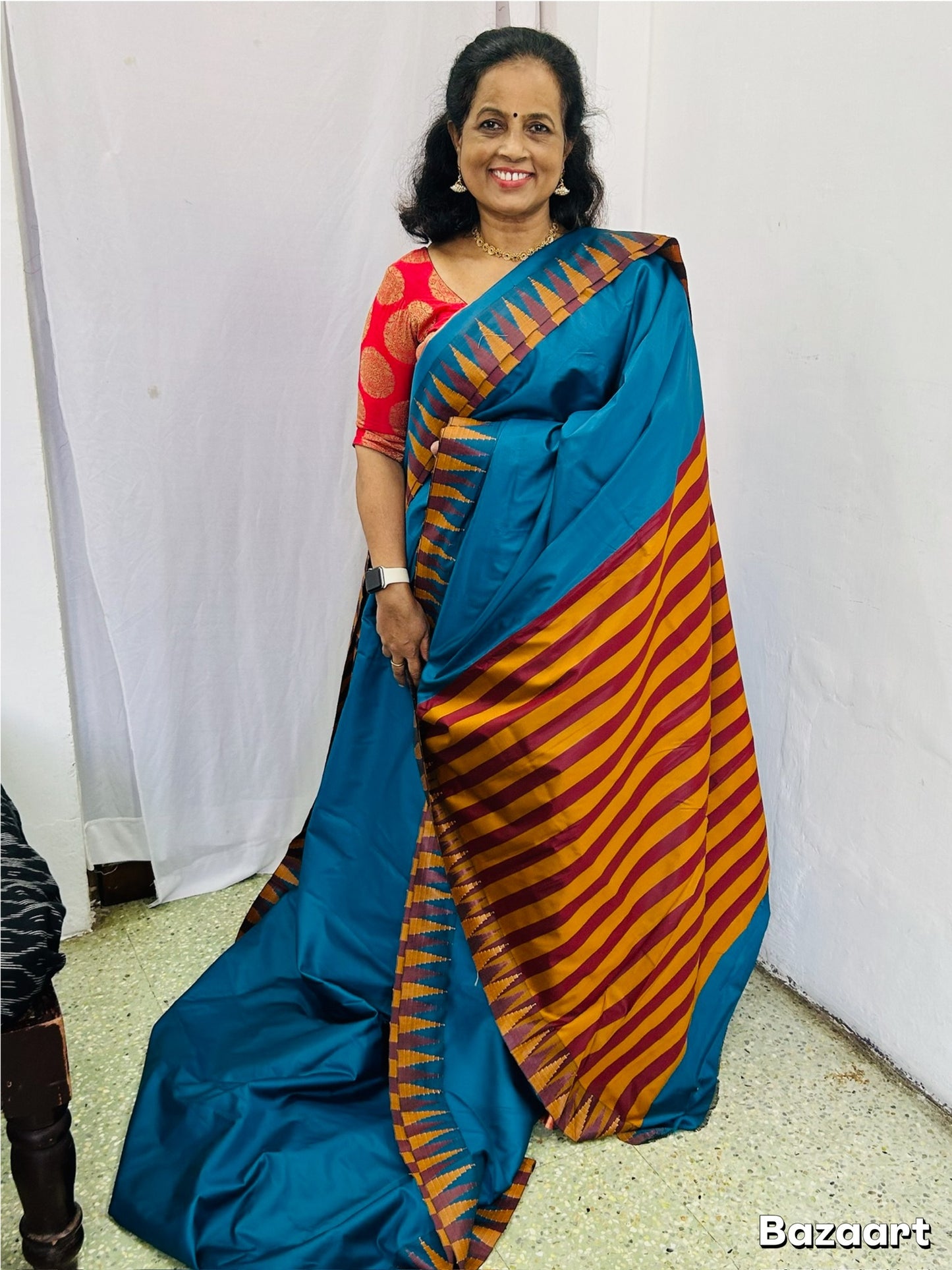 Ahana Blue Semi Soft Silk saree with stripe blouse