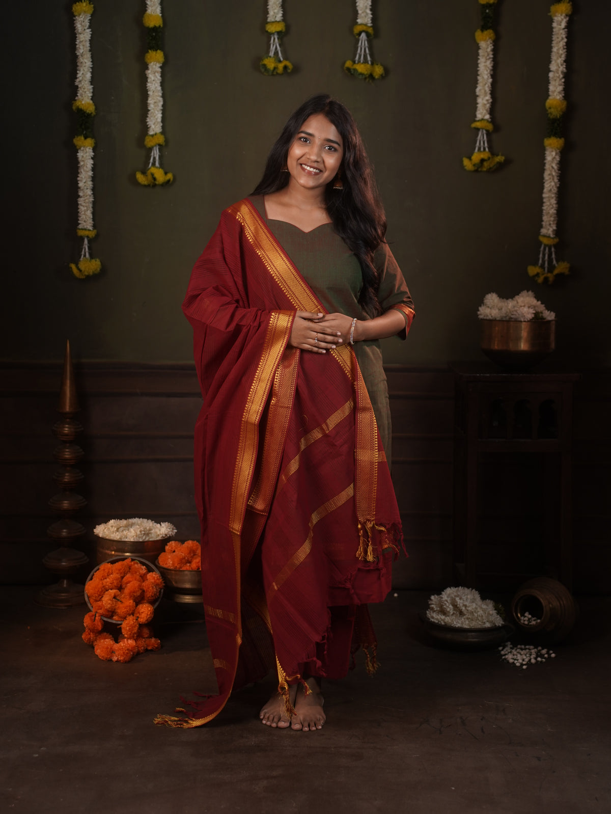 Mangalagiri 3 piece set Maroon with contrast Pant and Dupatta
