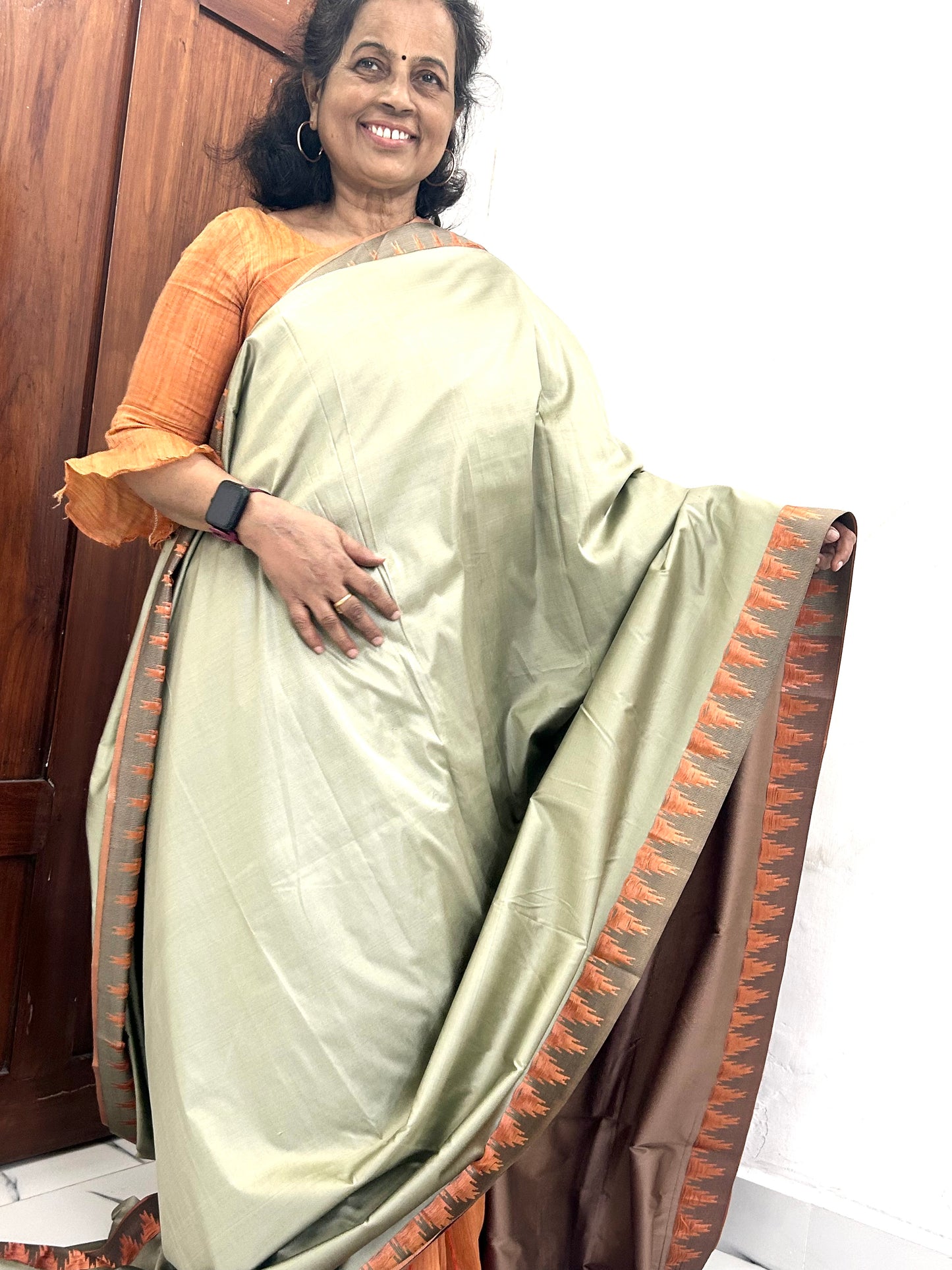 Ahana Pale Pista Semi Soft Silk Saree with chocolate border