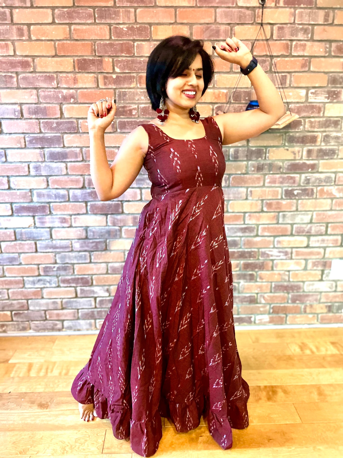 Ibiza Breezy Maroon Ikkat Maxi Dress