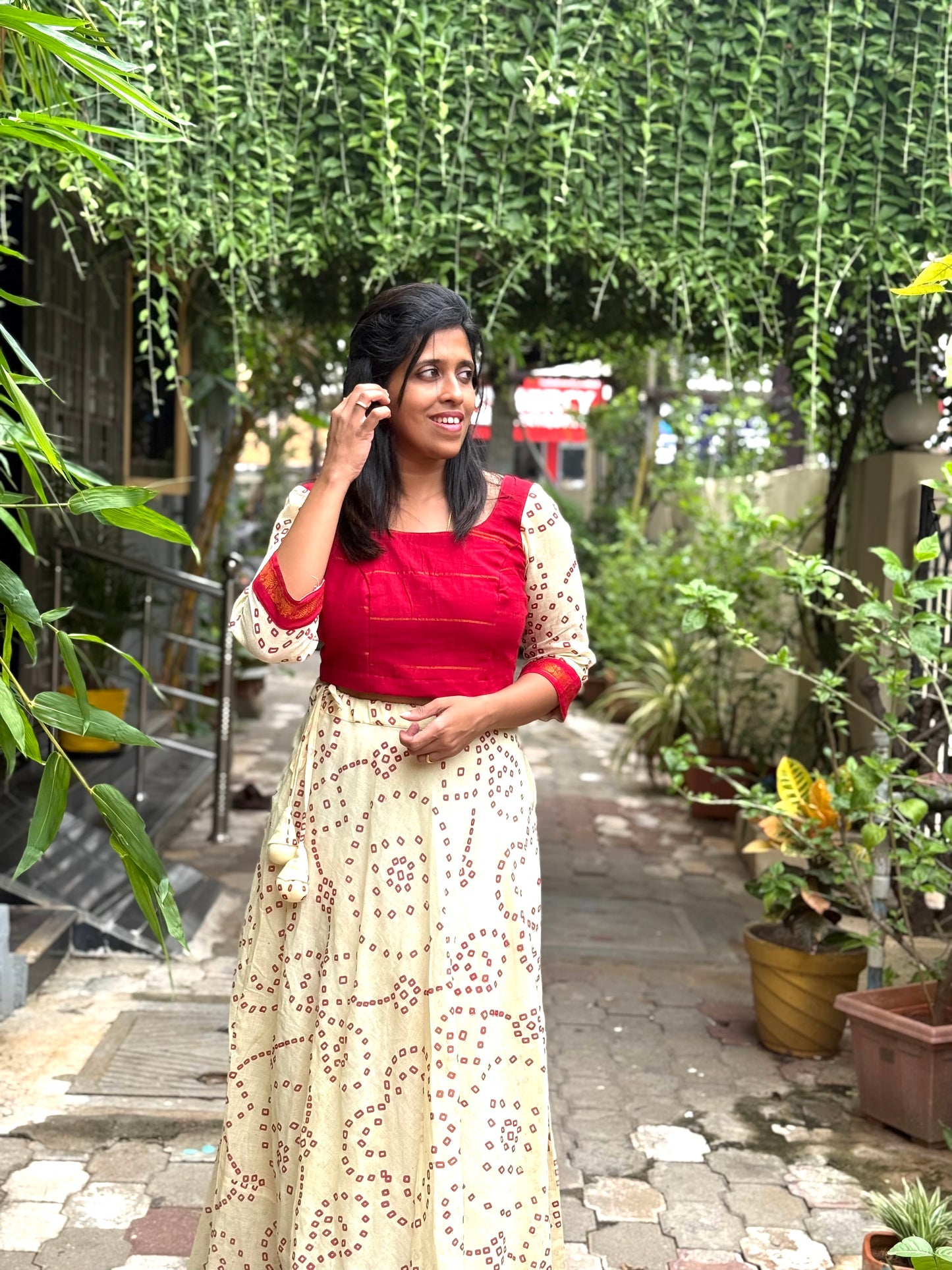 Madhuri Sungudi Long Skirt & Bow Top White & Red