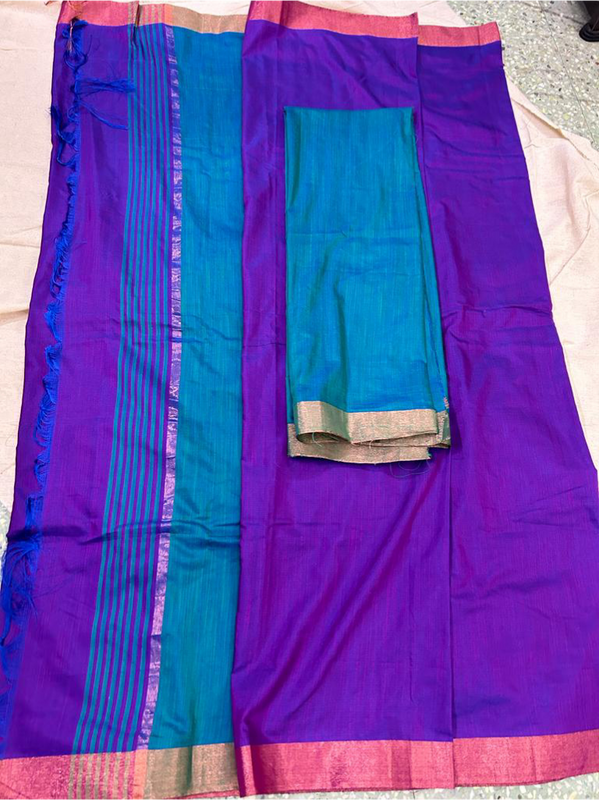 Ahana - Purple Semi Soft Silk Saree with Blue Blouse.