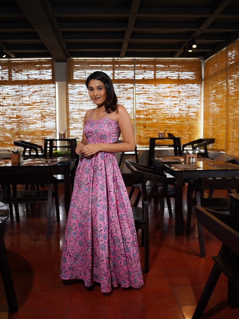 Back tie up dress with Noodle Strap - Pink