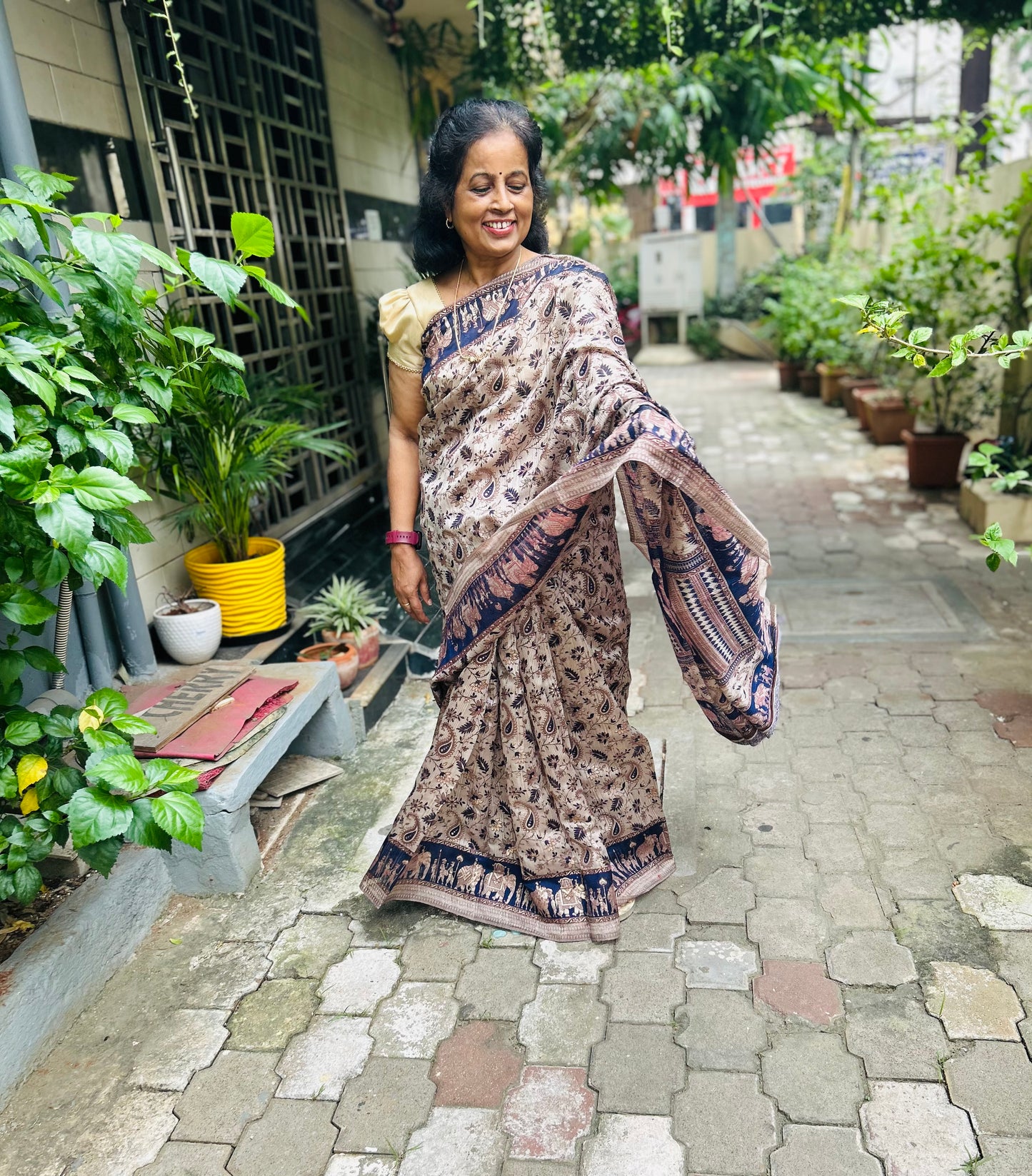 Pune Silk Beige with Blue Print