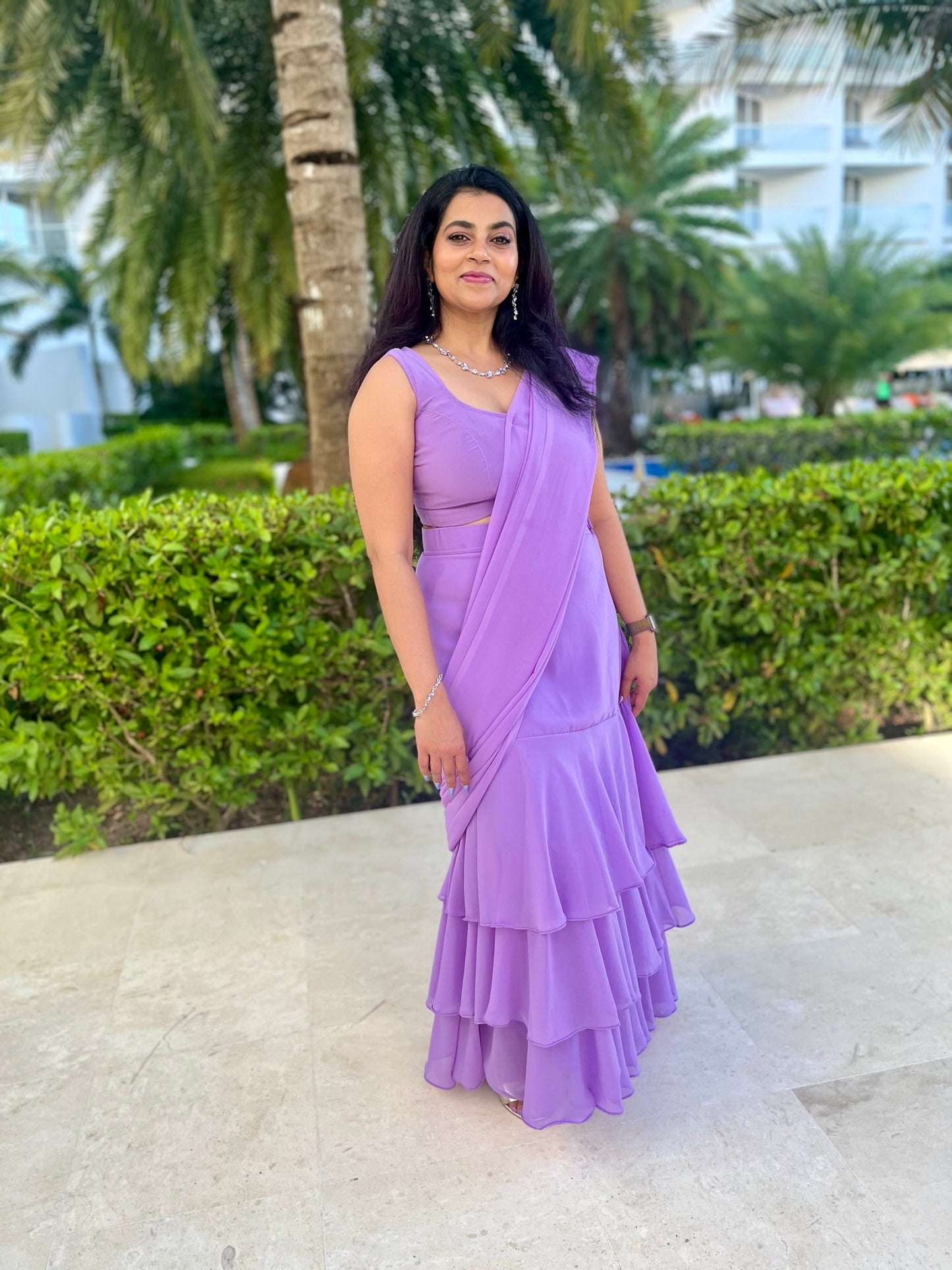 Romanian Ruffle Lehenga Lilac saree - Plain blouse