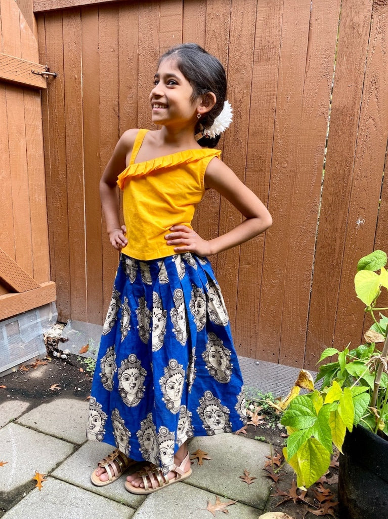 Kalamkari Skirt and Single Shoulder Cotton Top - Blue