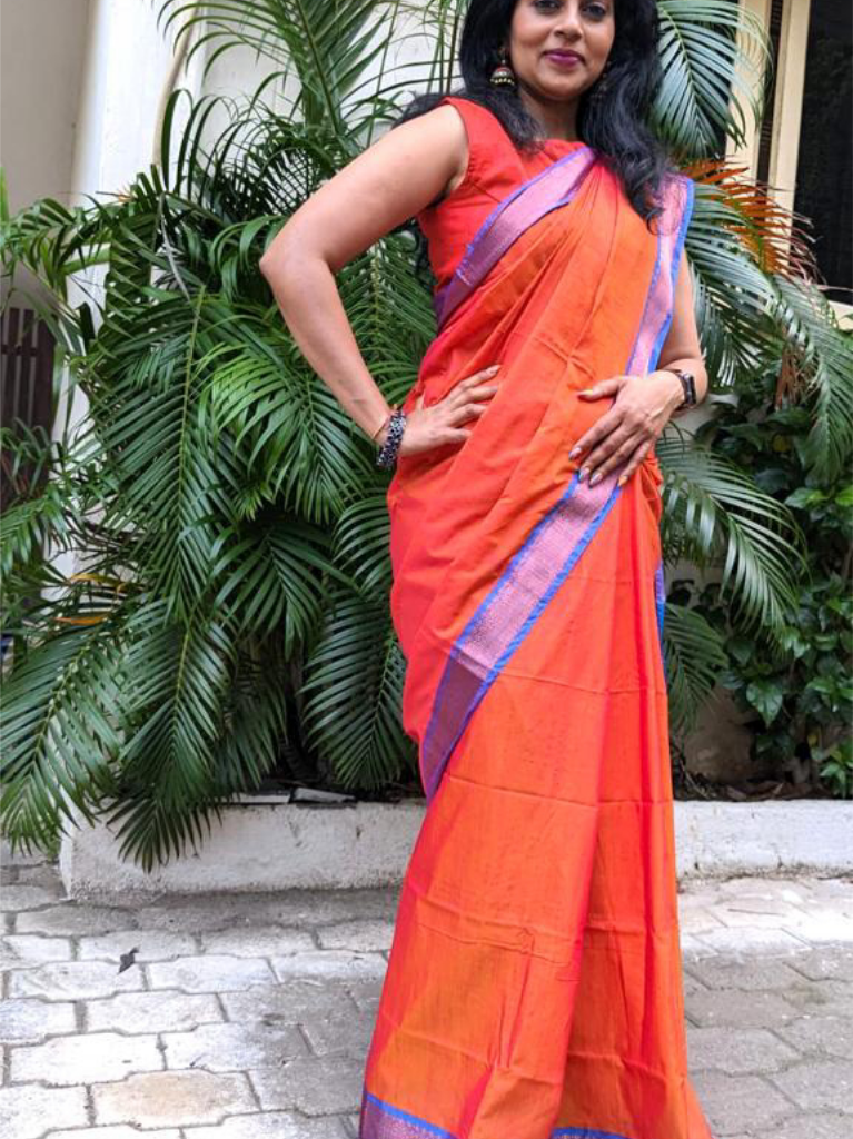 Ahana - Orange Semi Soft Silk Saree - Olive Green blouse