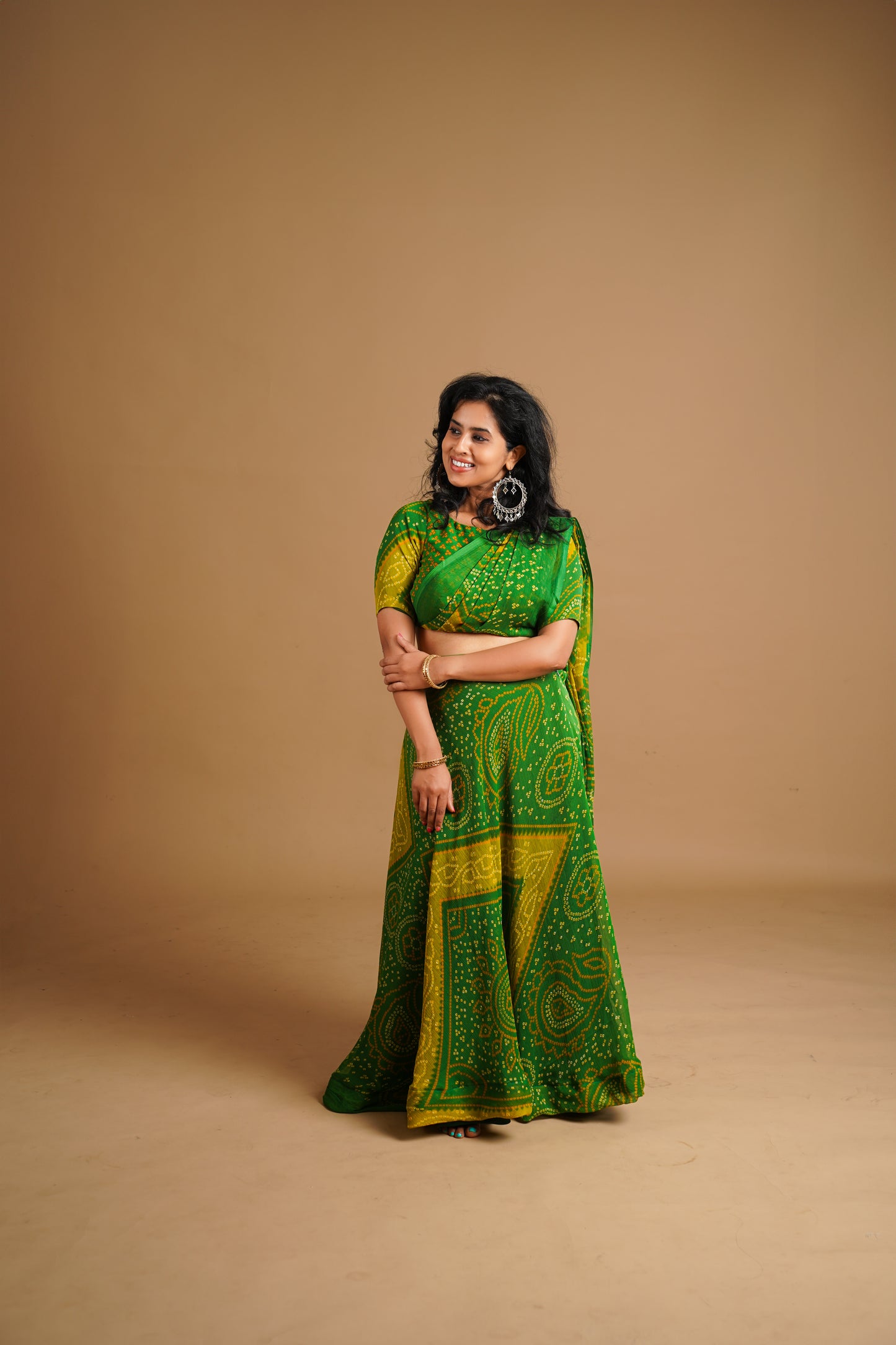 Bhandani Print Predraped Saree - green and Yellow