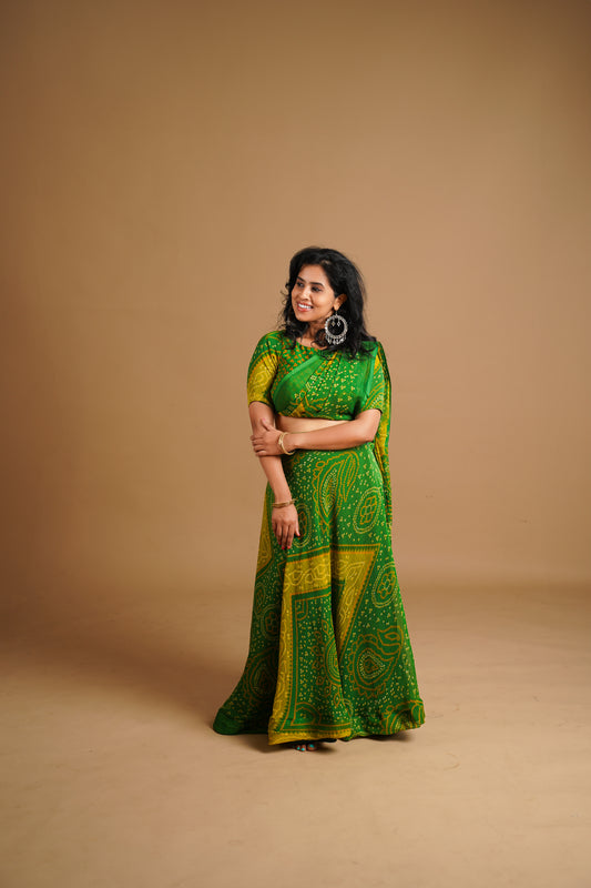 Bhandani Print Predraped Saree - green and Yellow