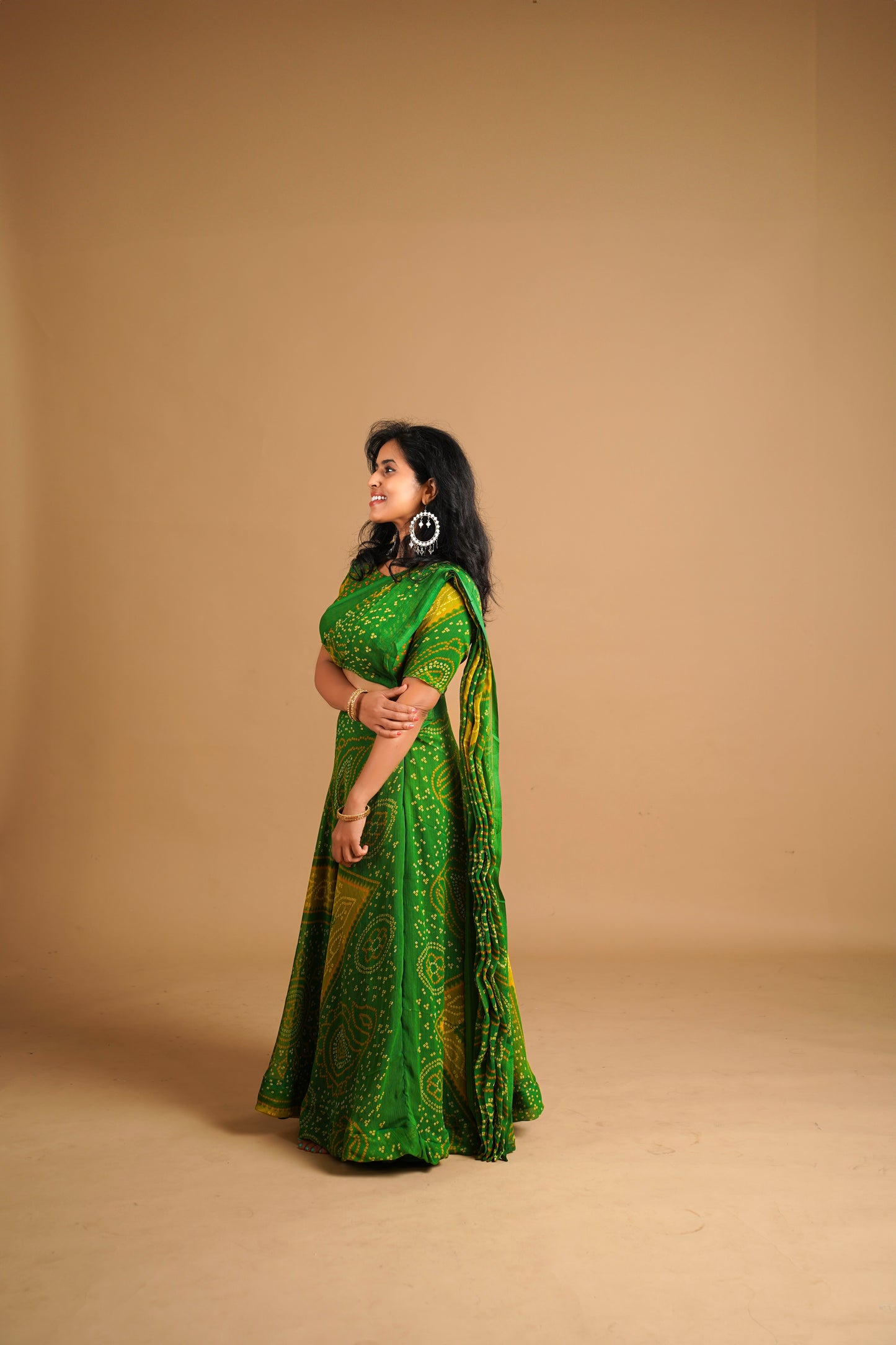 Bhandani Print Predraped Saree - green and Yellow
