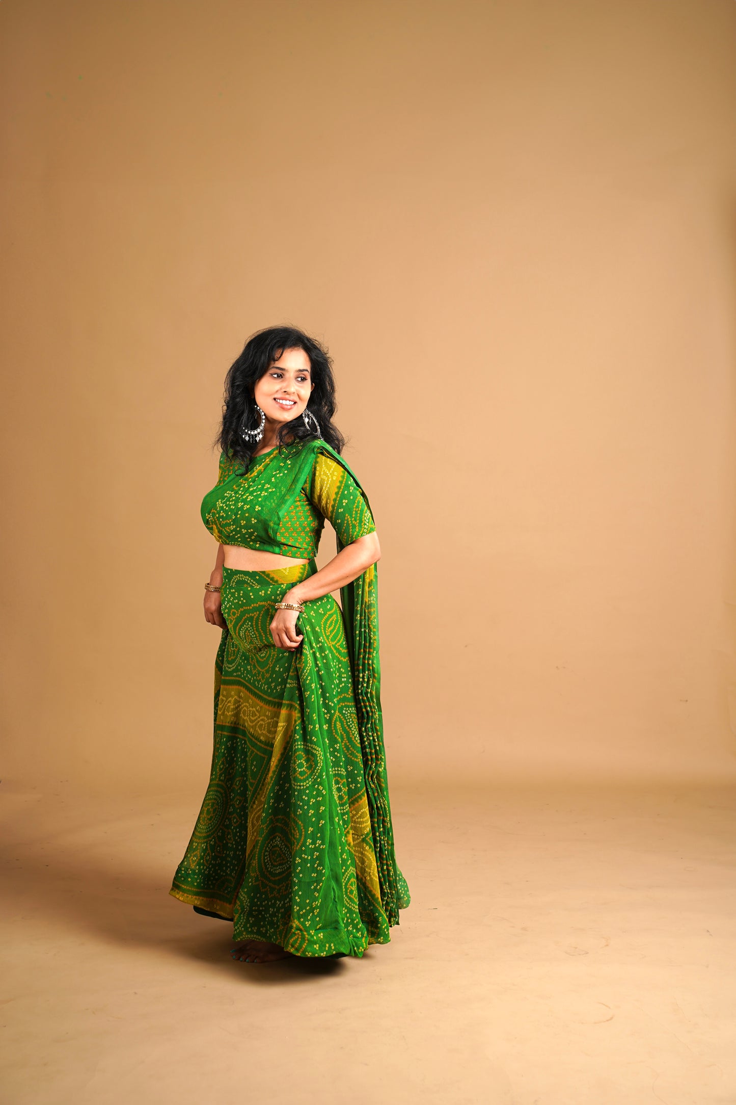 Bhandani Print Predraped Saree - green and Yellow
