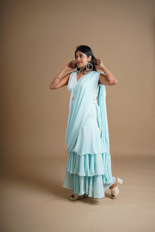 Romanian Ruffle Lehenga Saree Dress Pastel Blue - Sequin Blouse