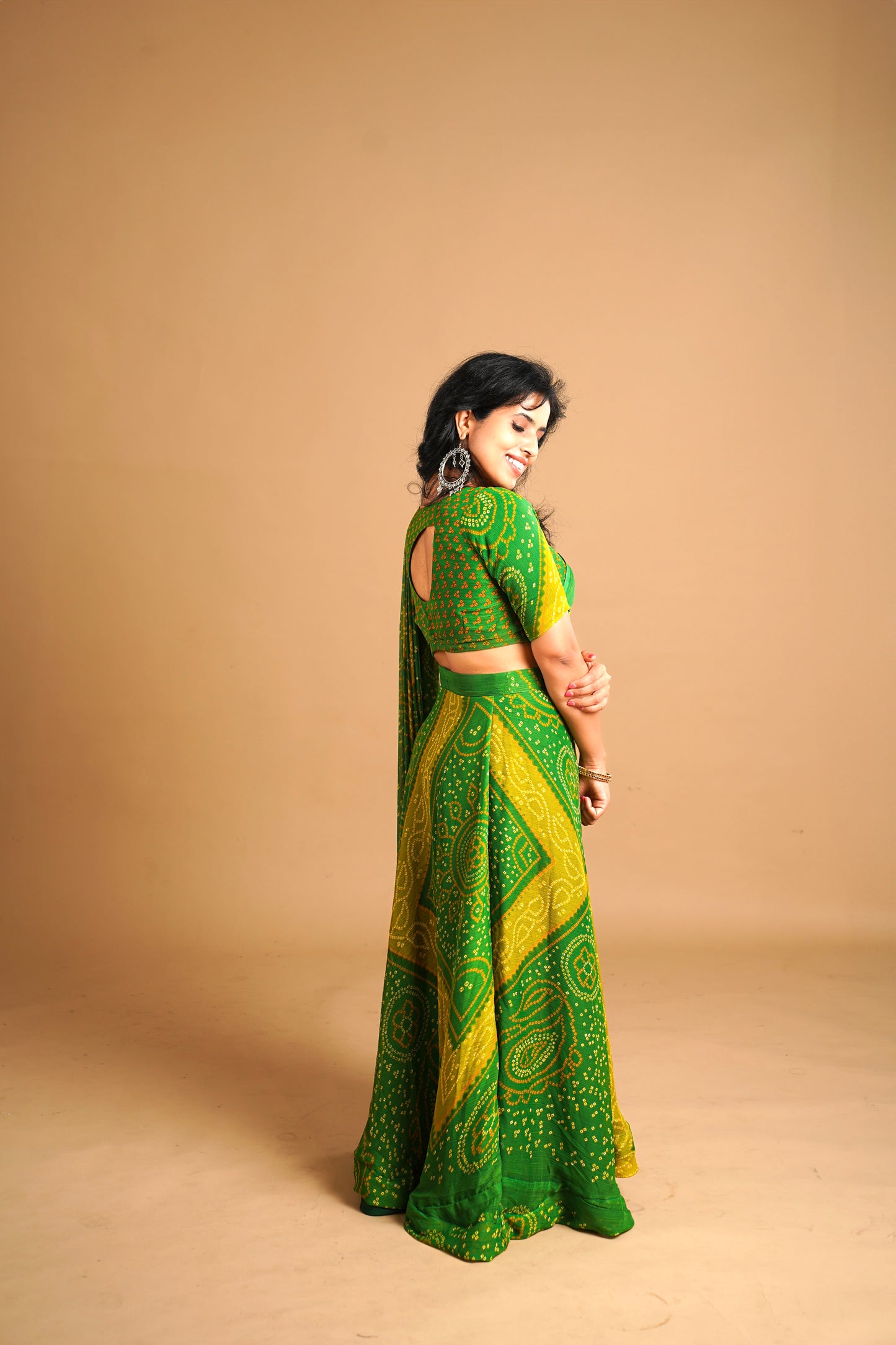 Bhandani Print Predraped Saree - green and Yellow