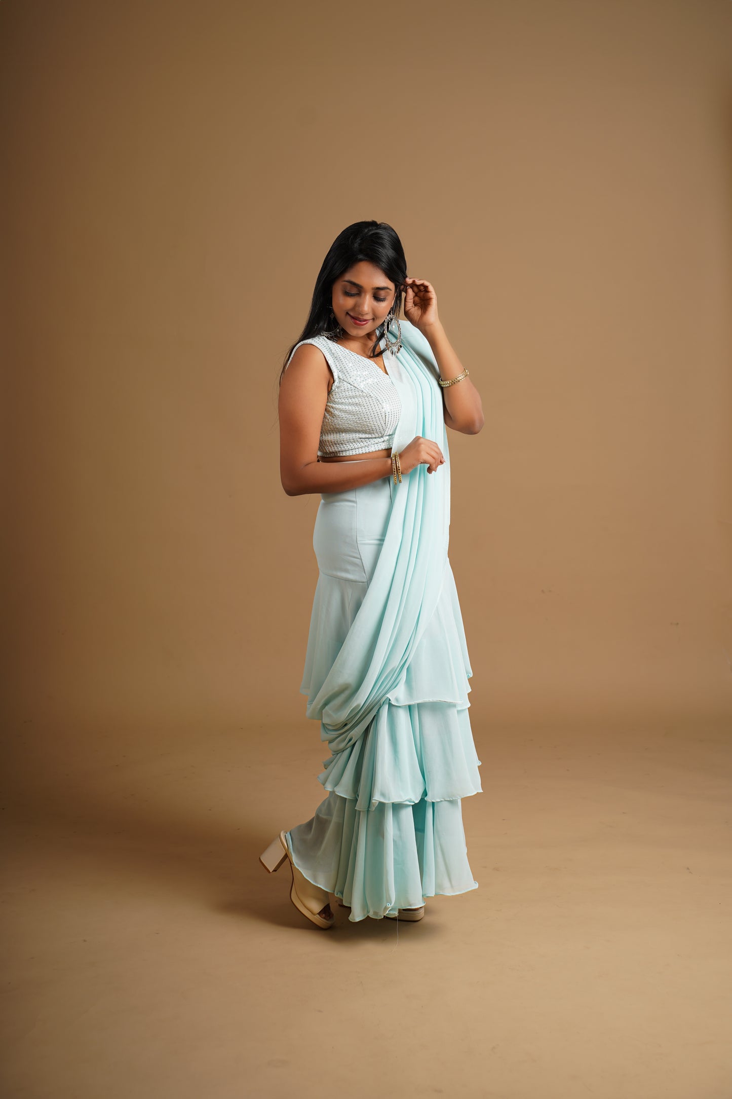 Romanian Ruffle Lehenga Saree Dress Pastel Blue - Sequin Blouse