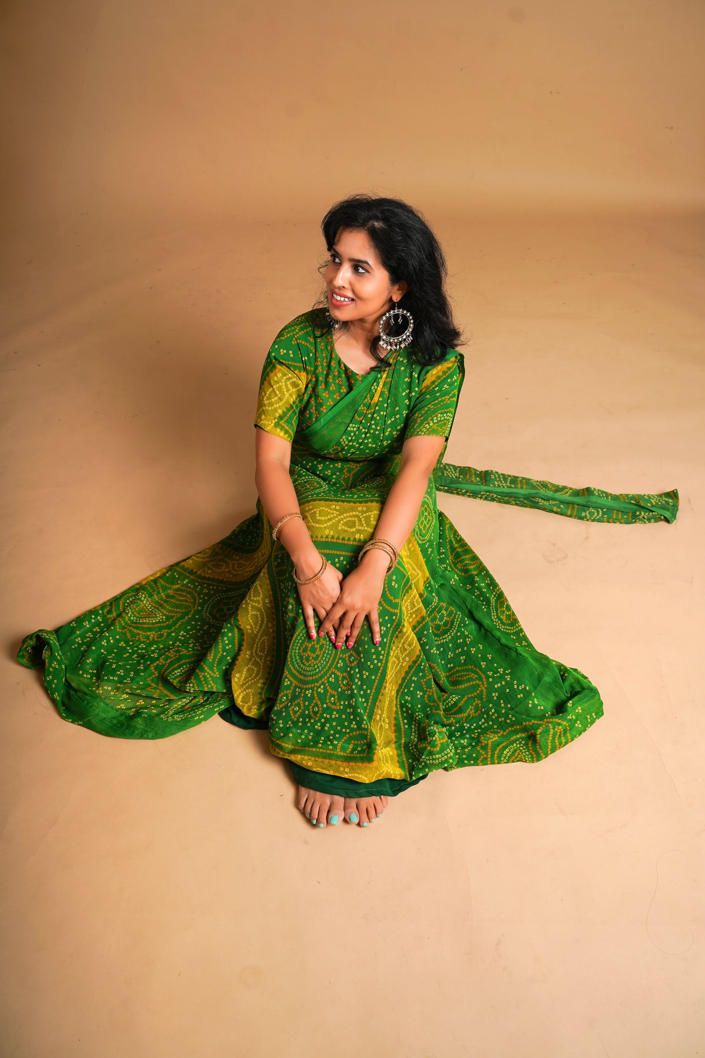 Bhandani Print Predraped Saree - green and Yellow