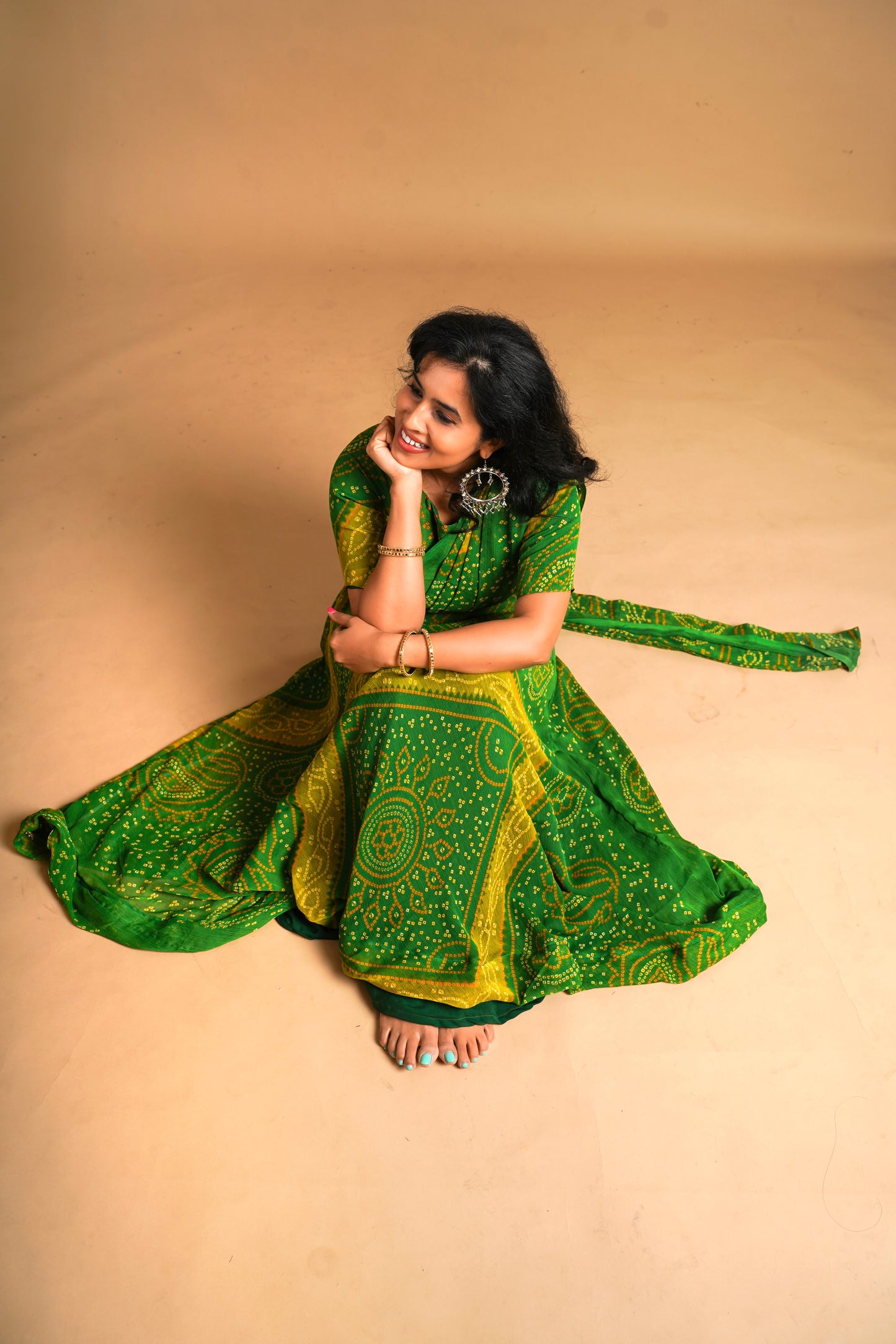 Bhandani Print Predraped Saree - green and Yellow