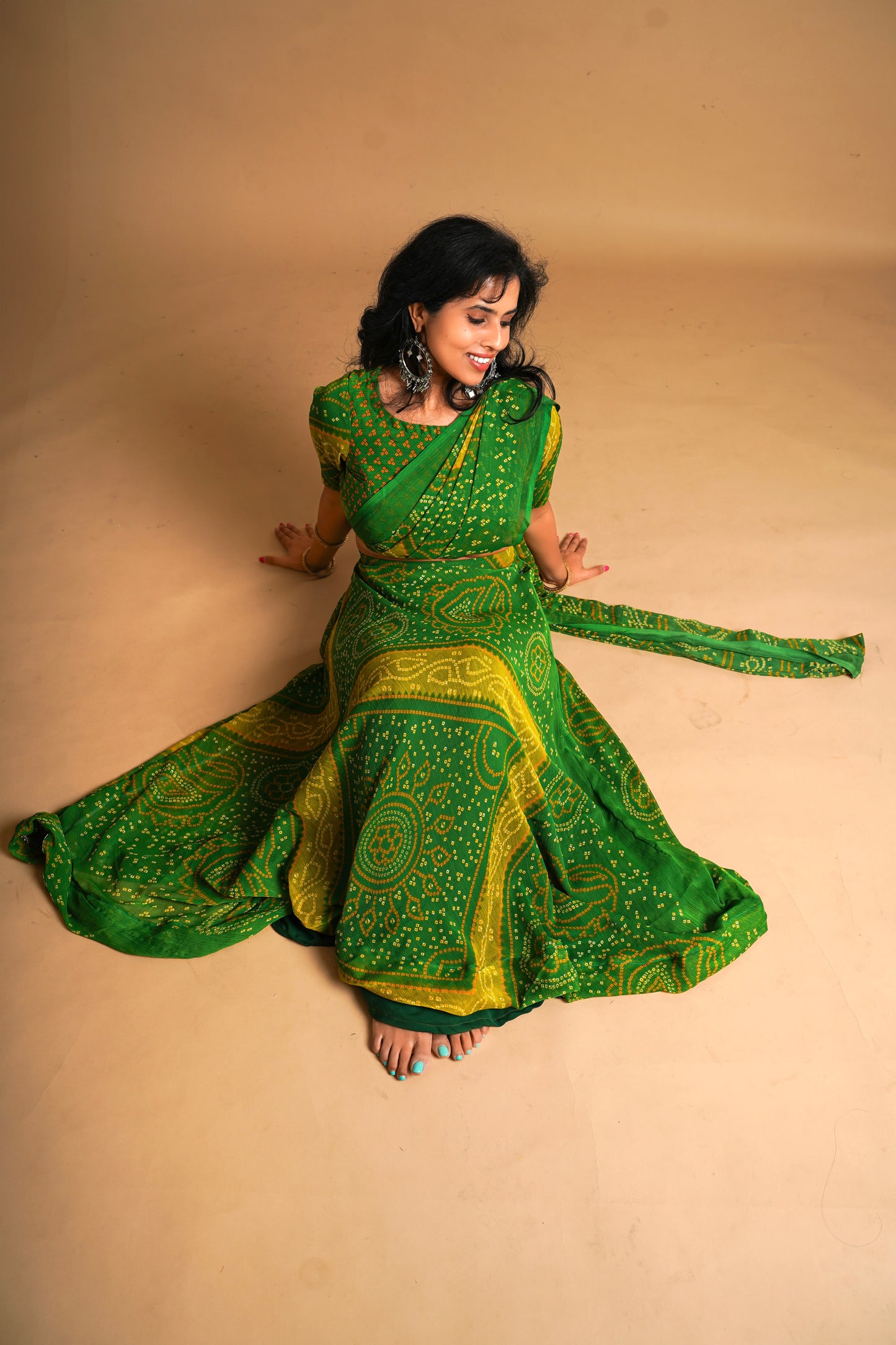 Bhandani Print Predraped Saree - green and Yellow
