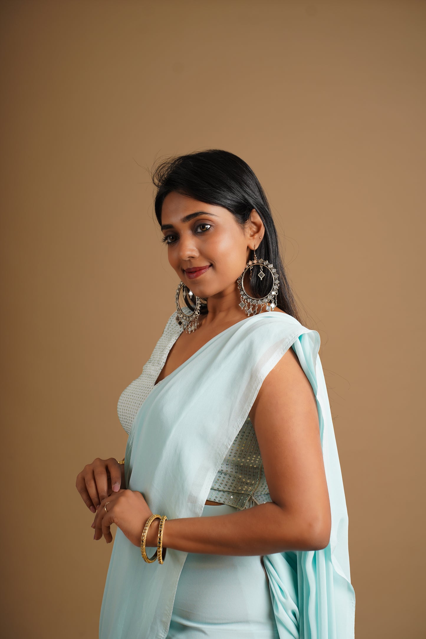 Romanian Ruffle Lehenga Saree Dress Pastel Blue - Sequin Blouse