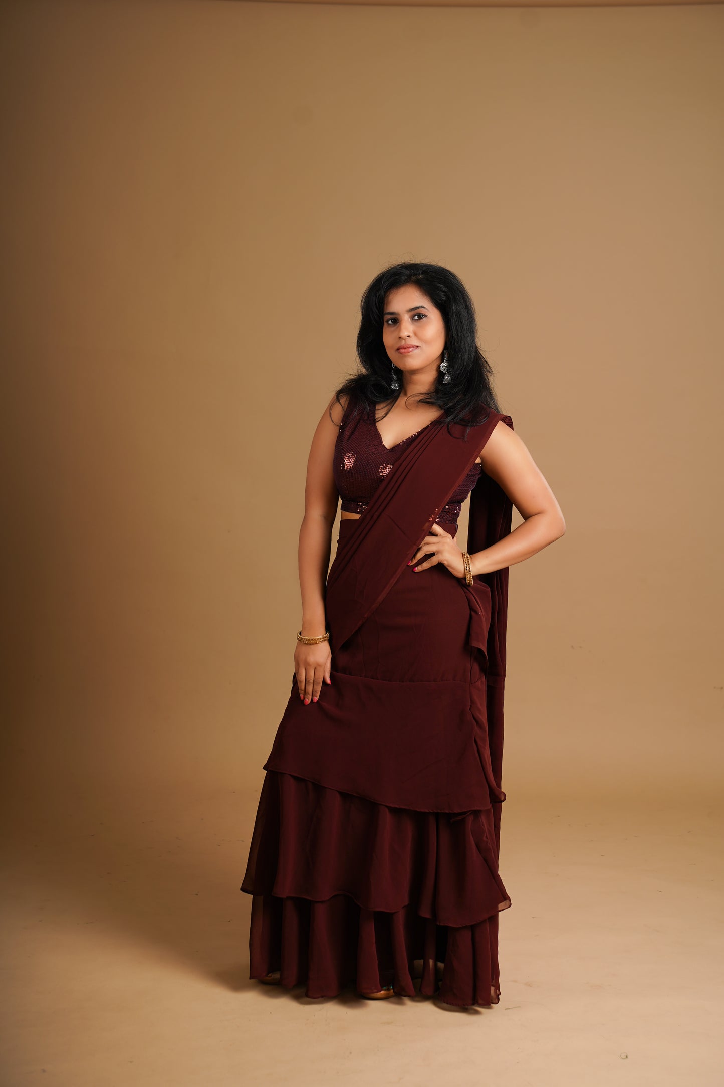 Romanian Ruffle Lehenga Saree Dress Wine color Seattle Store - Sequin Blouse