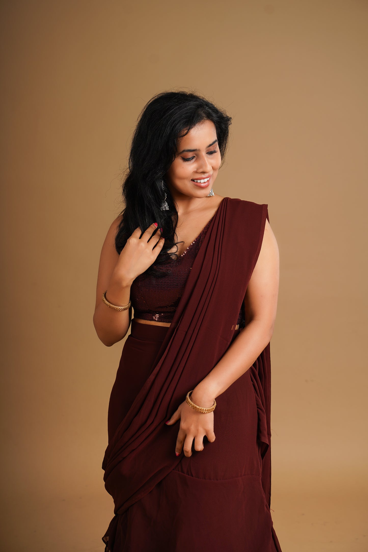 Romanian Ruffle Lehenga Saree Dress Wine color Seattle Store - Sequin Blouse