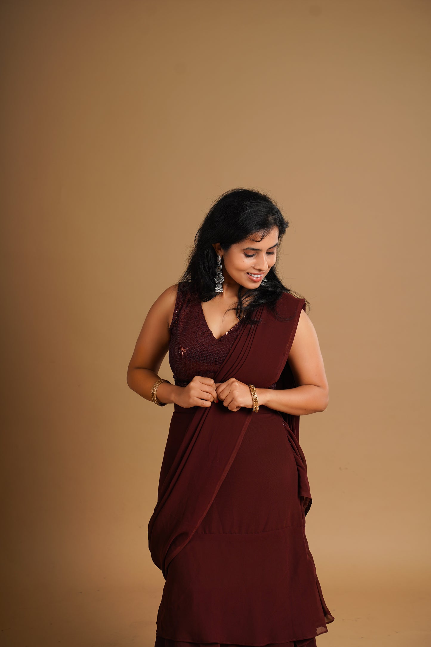 Romanian Ruffle Lehenga Saree Dress Wine color Seattle Store - Sequin Blouse