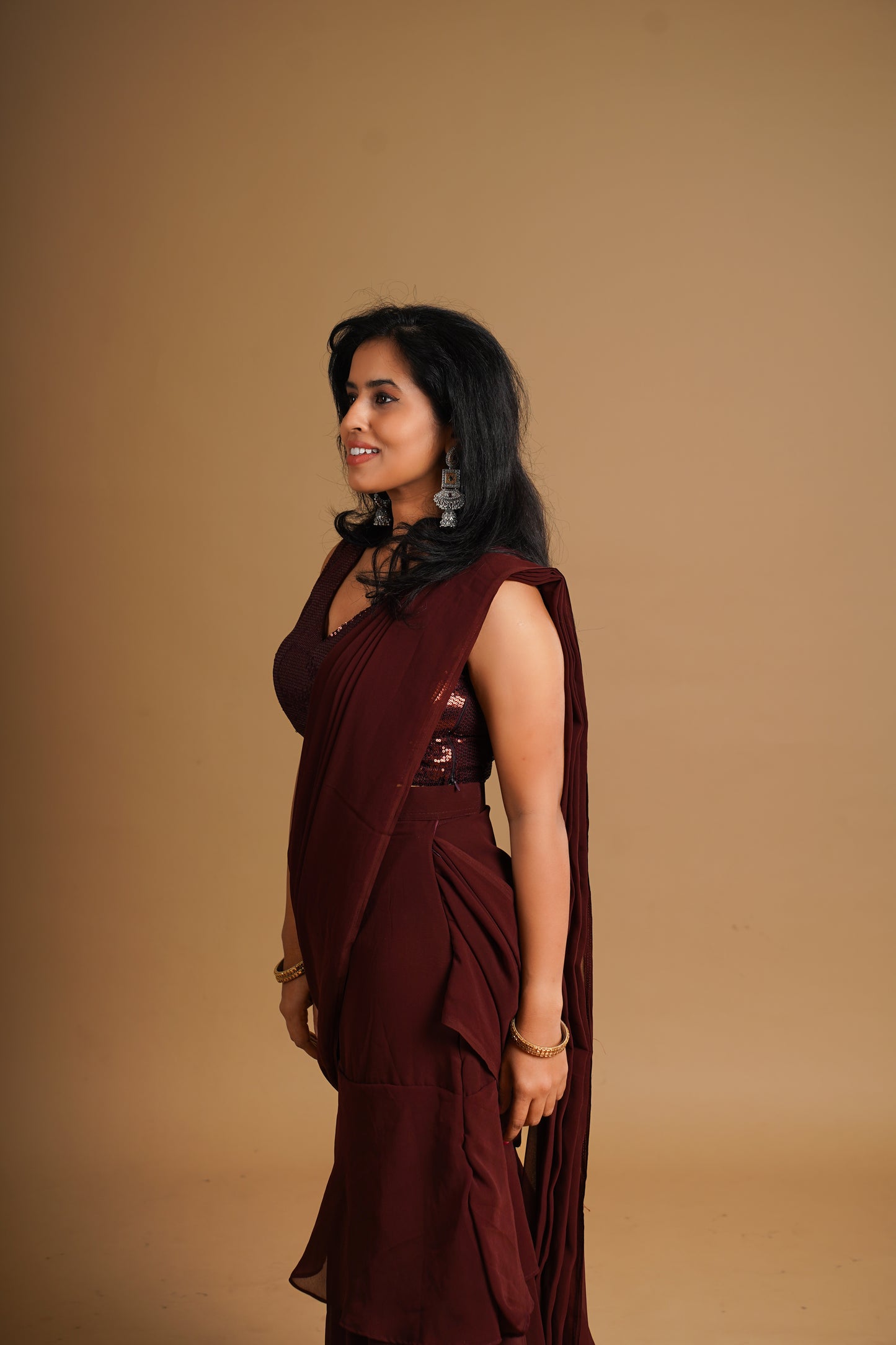 Romanian Ruffle Lehenga Saree Dress Wine color Seattle Store - Sequin Blouse