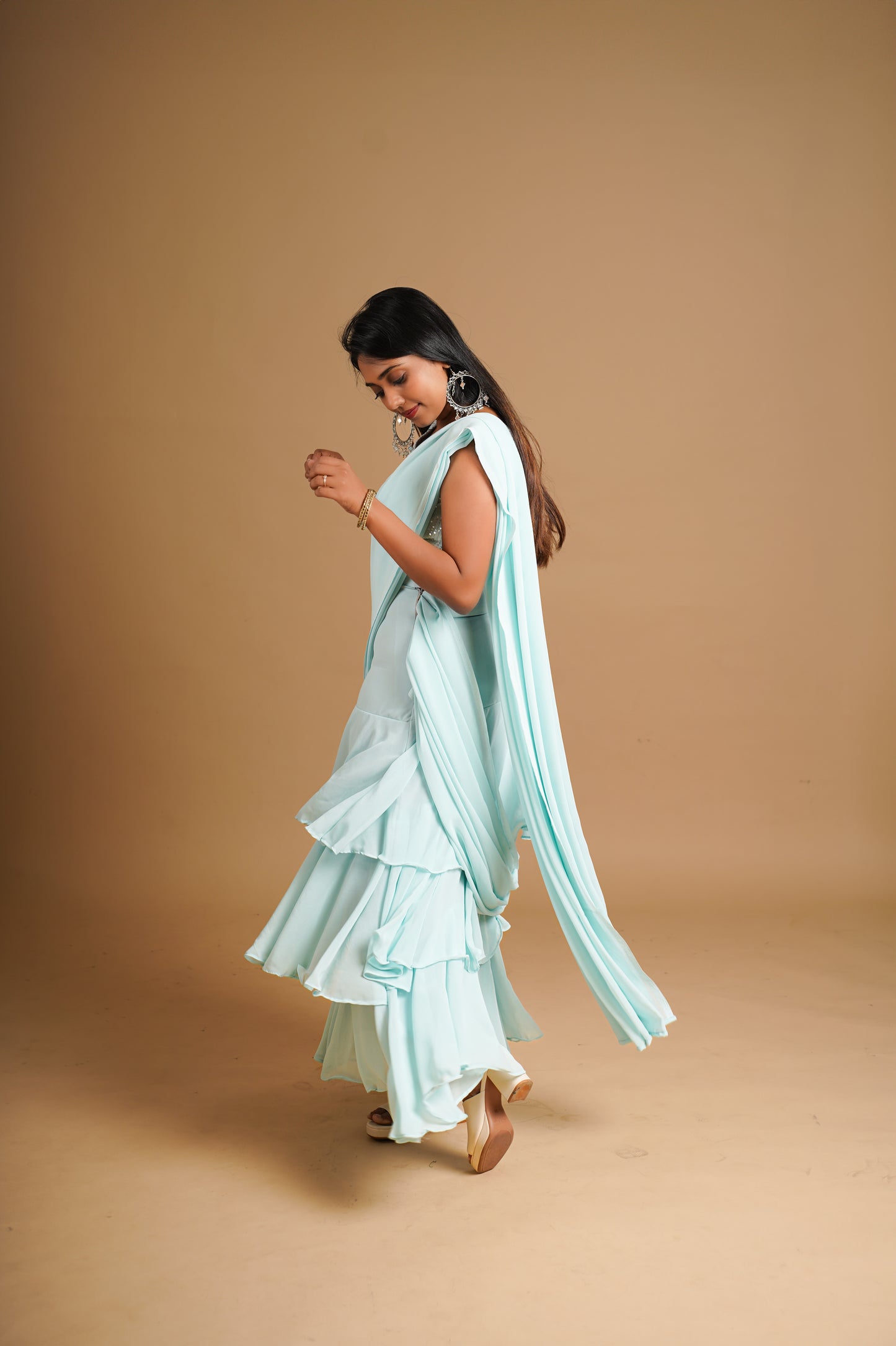 Romanian Ruffle Lehenga Saree Dress Pastel Blue - Sequin Blouse