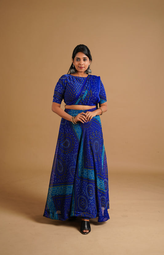 Bhandani Print Predraped Saree - Blue Seattle Store