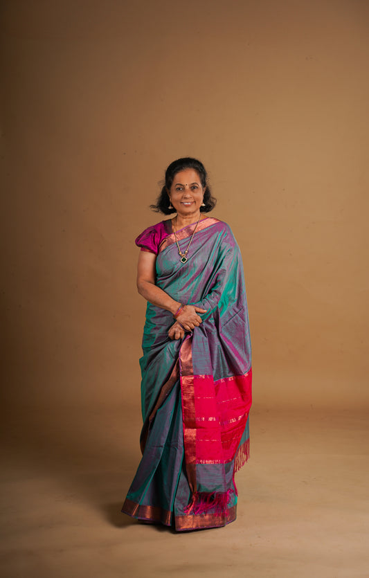 Ahana Soft Silk Saree Gray Saree with Pink Border