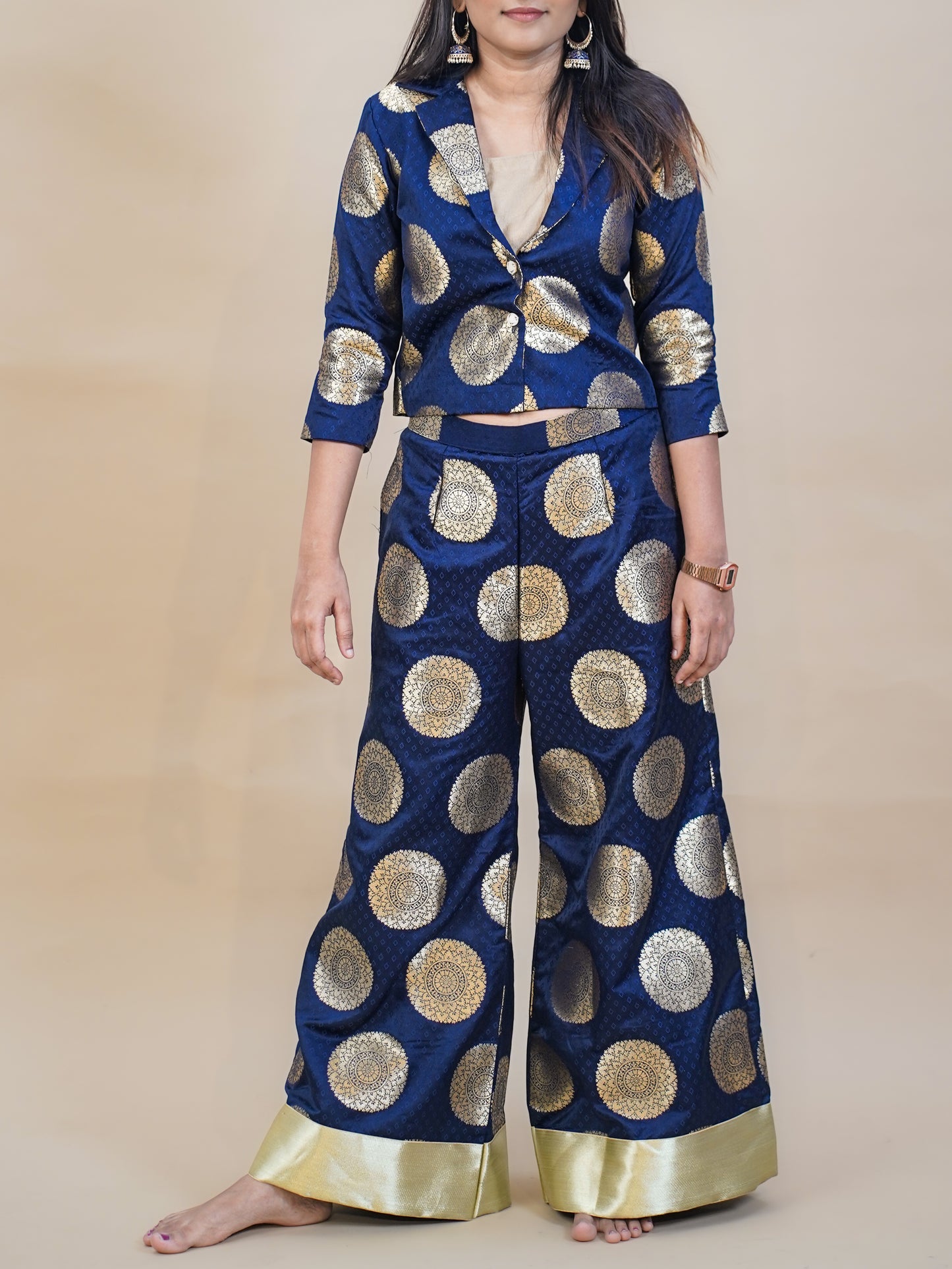 Banarazi Navy Jacket–Palazzo Set with Gold Blouse