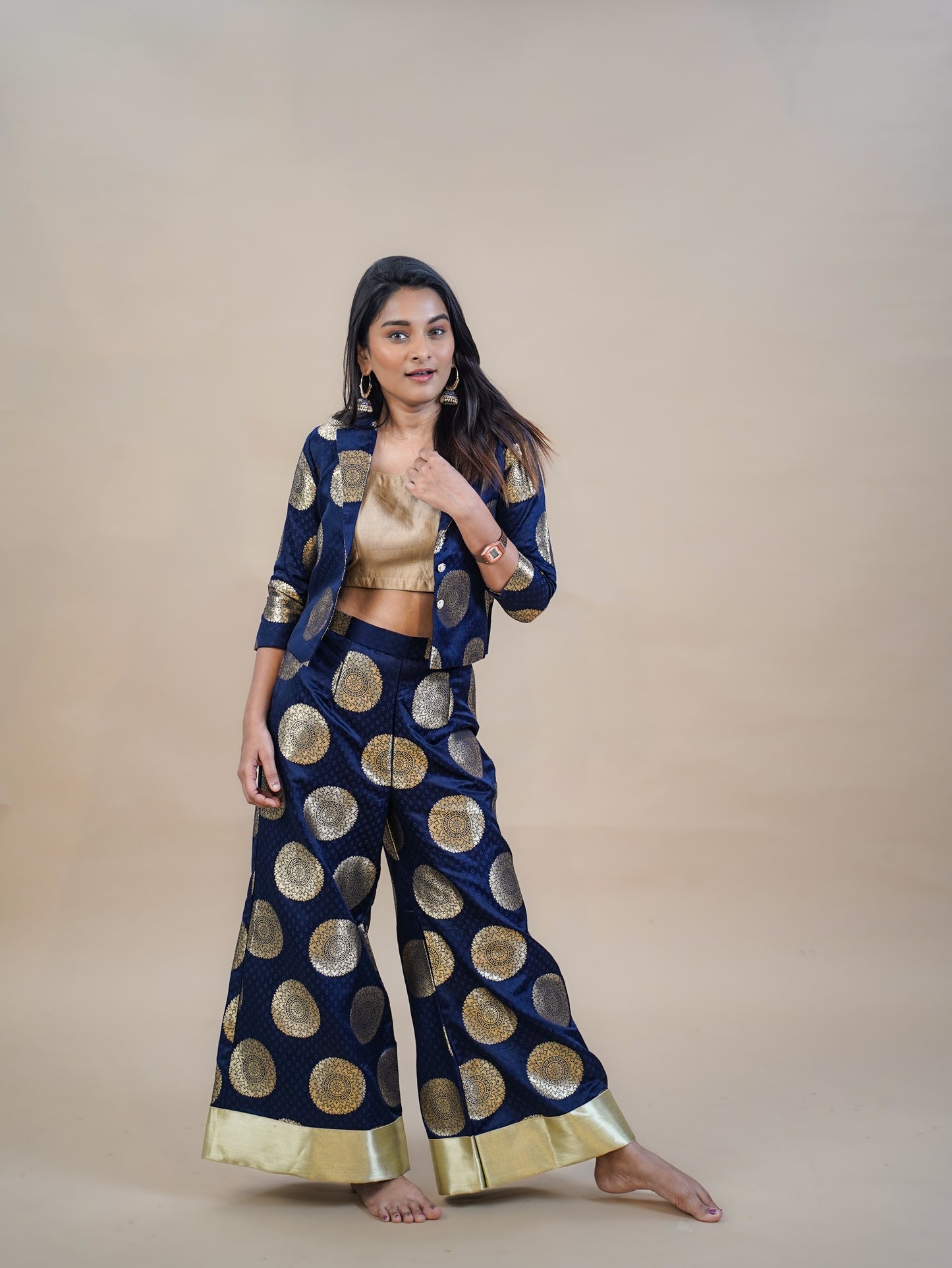 Banarazi Navy Jacket–Palazzo Set with Gold Blouse