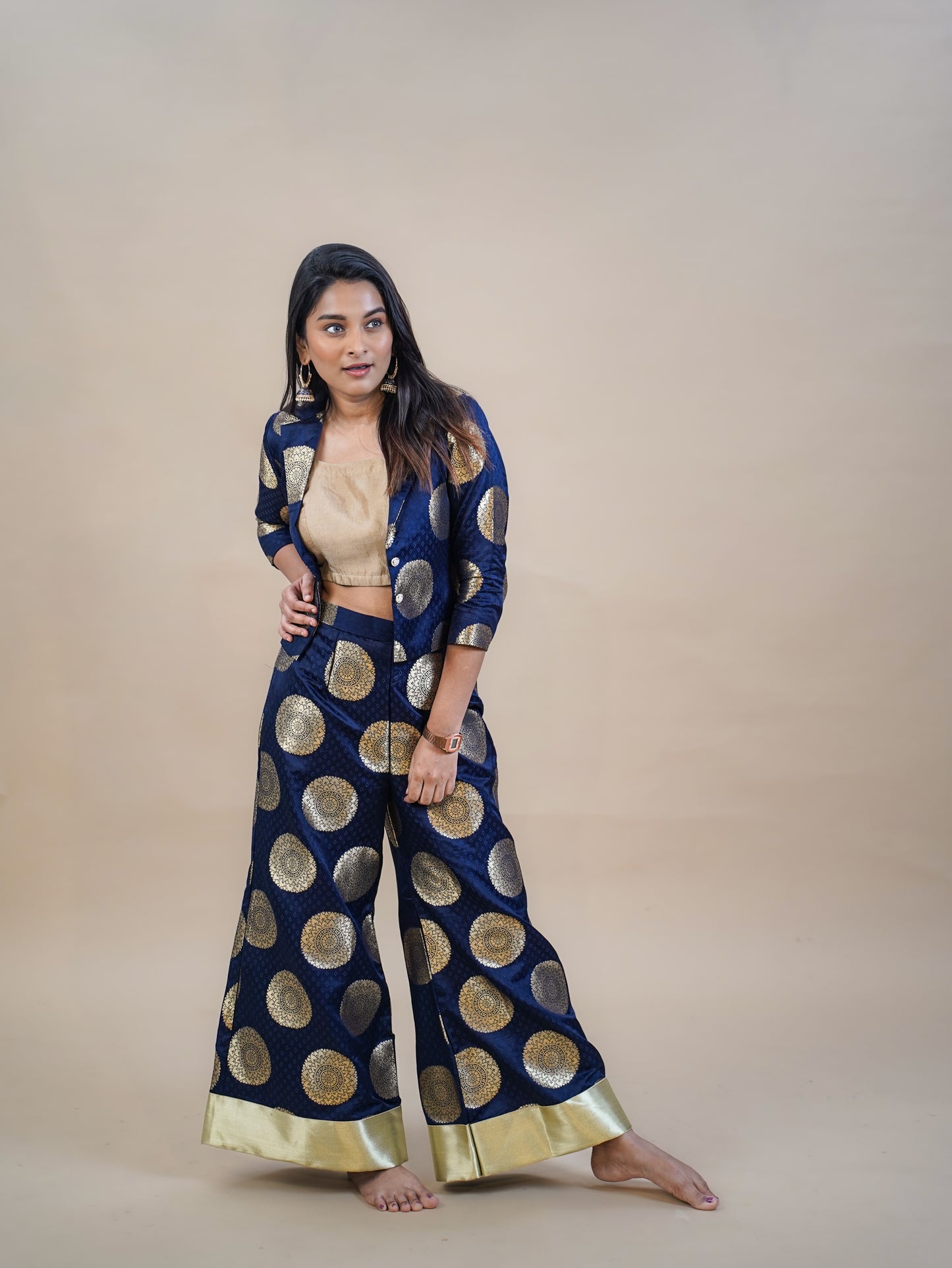 Banarazi Navy Jacket–Palazzo Set with Gold Blouse