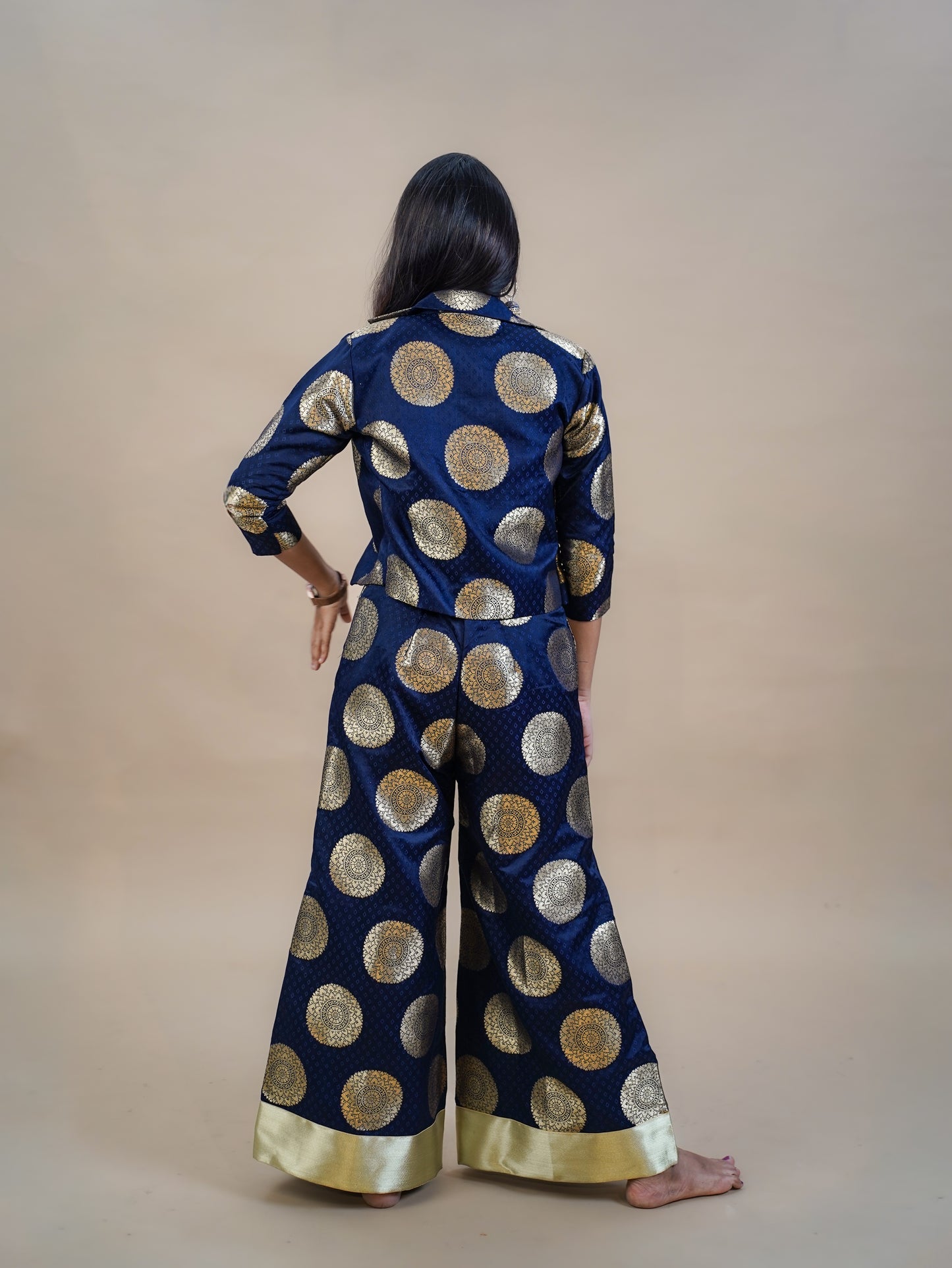 Banarazi Navy Jacket–Palazzo Set with Gold Blouse