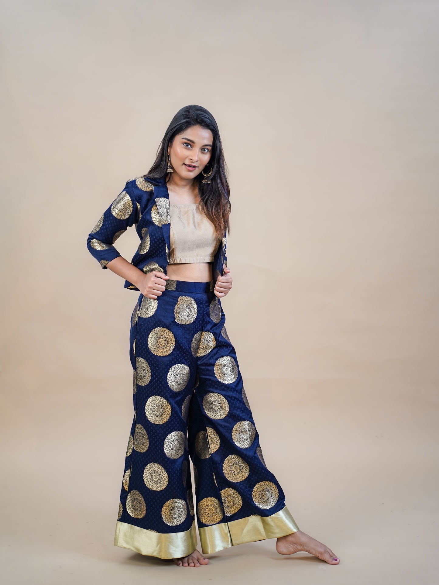 Banarazi Navy Jacket–Palazzo Set with Gold Blouse