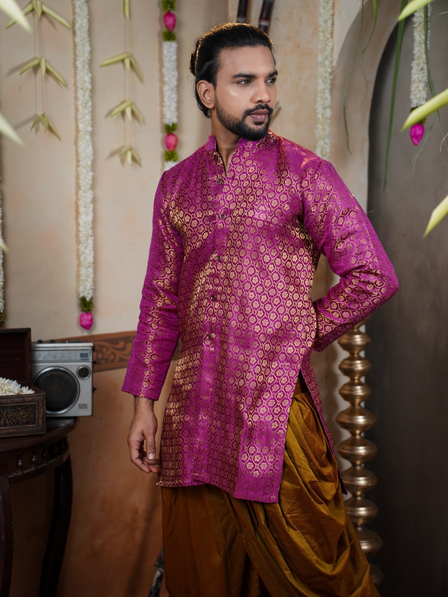 Men’s Semi Brocade Kurta Set with Dhoti Pant