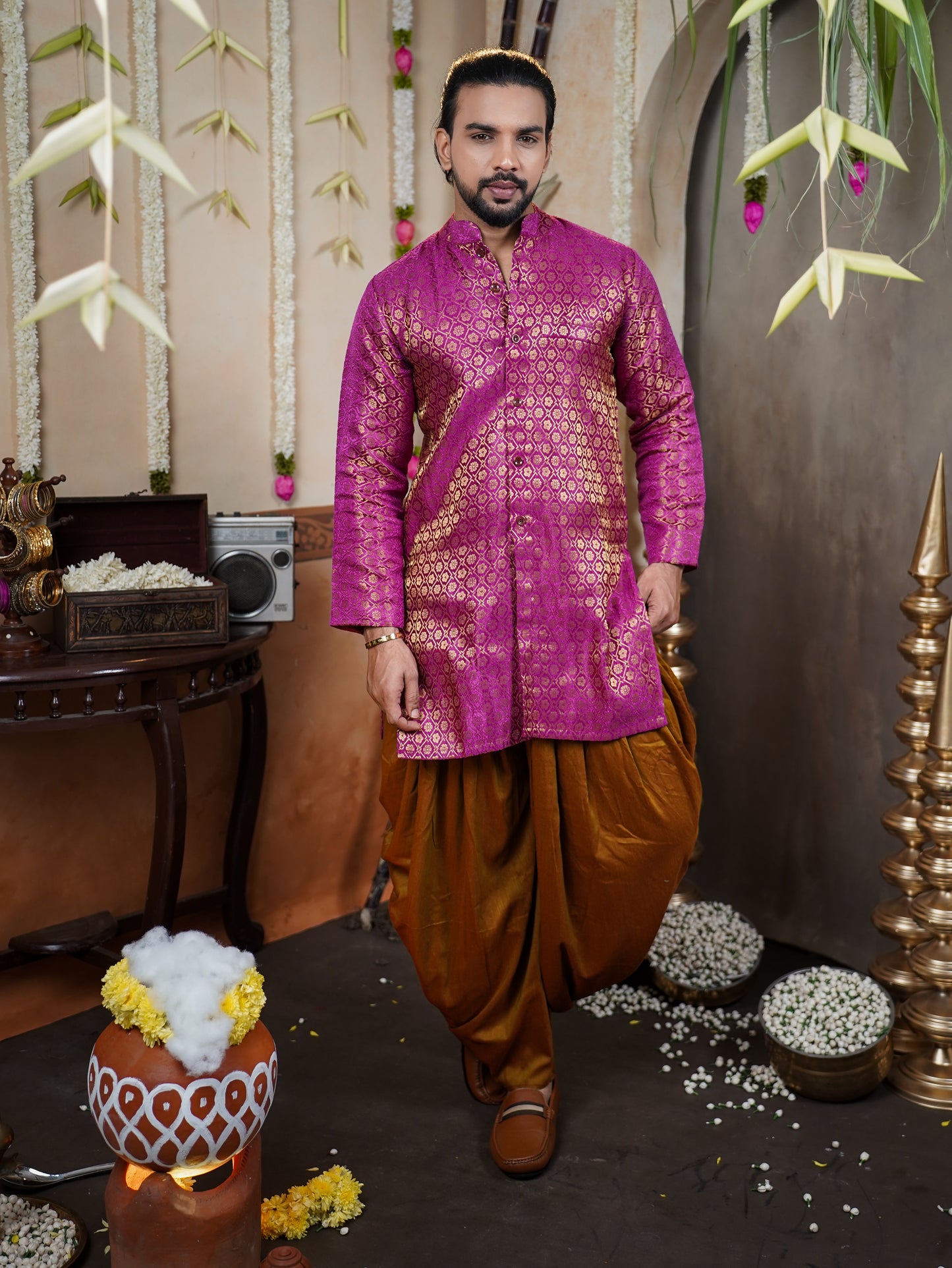 Men’s Semi Brocade Kurta Set with Dhoti Pant