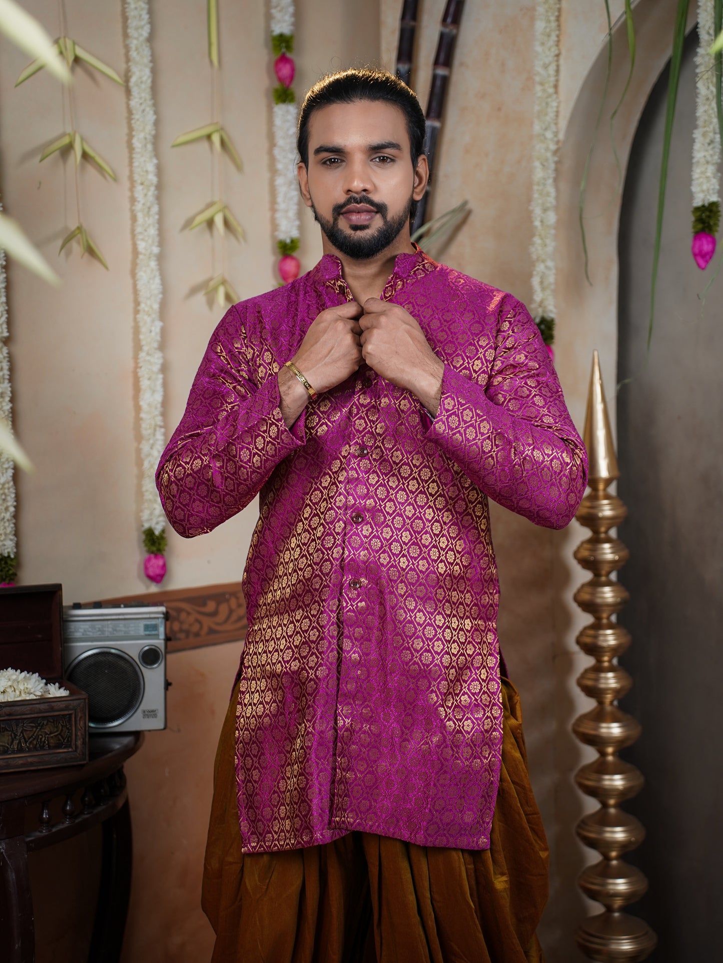 Men’s Semi Brocade Kurta Set with Dhoti Pant