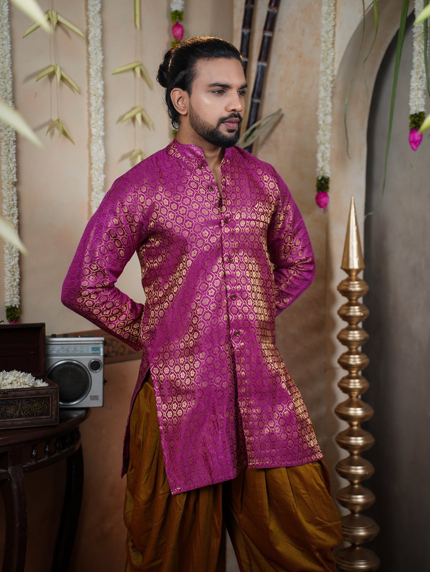 Men’s Semi Brocade Kurta Set with Dhoti Pant