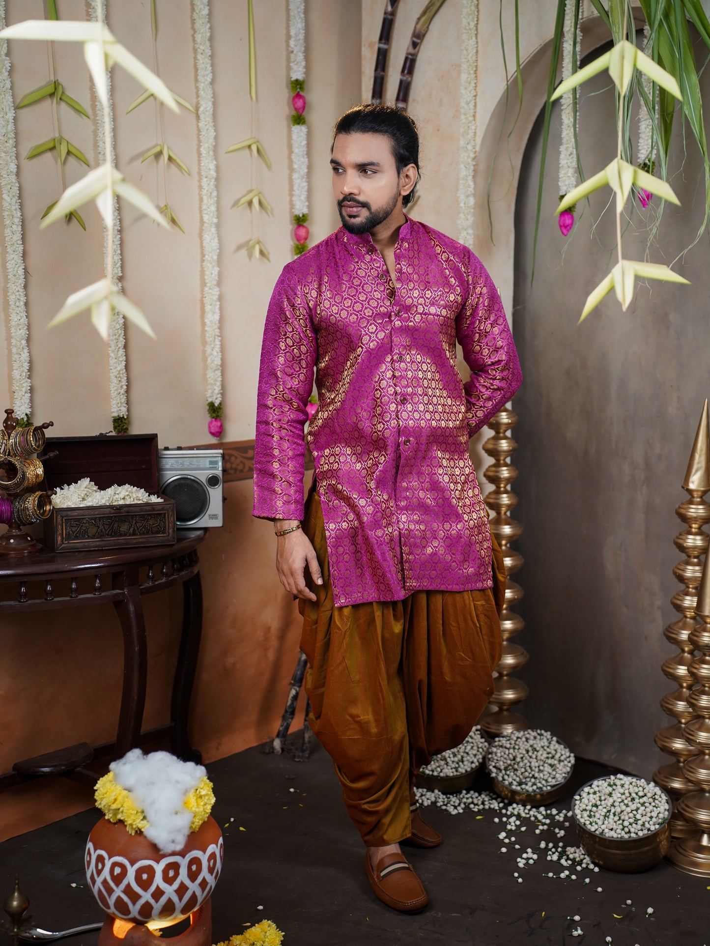 Men’s Semi Brocade Kurta Set with Dhoti Pant