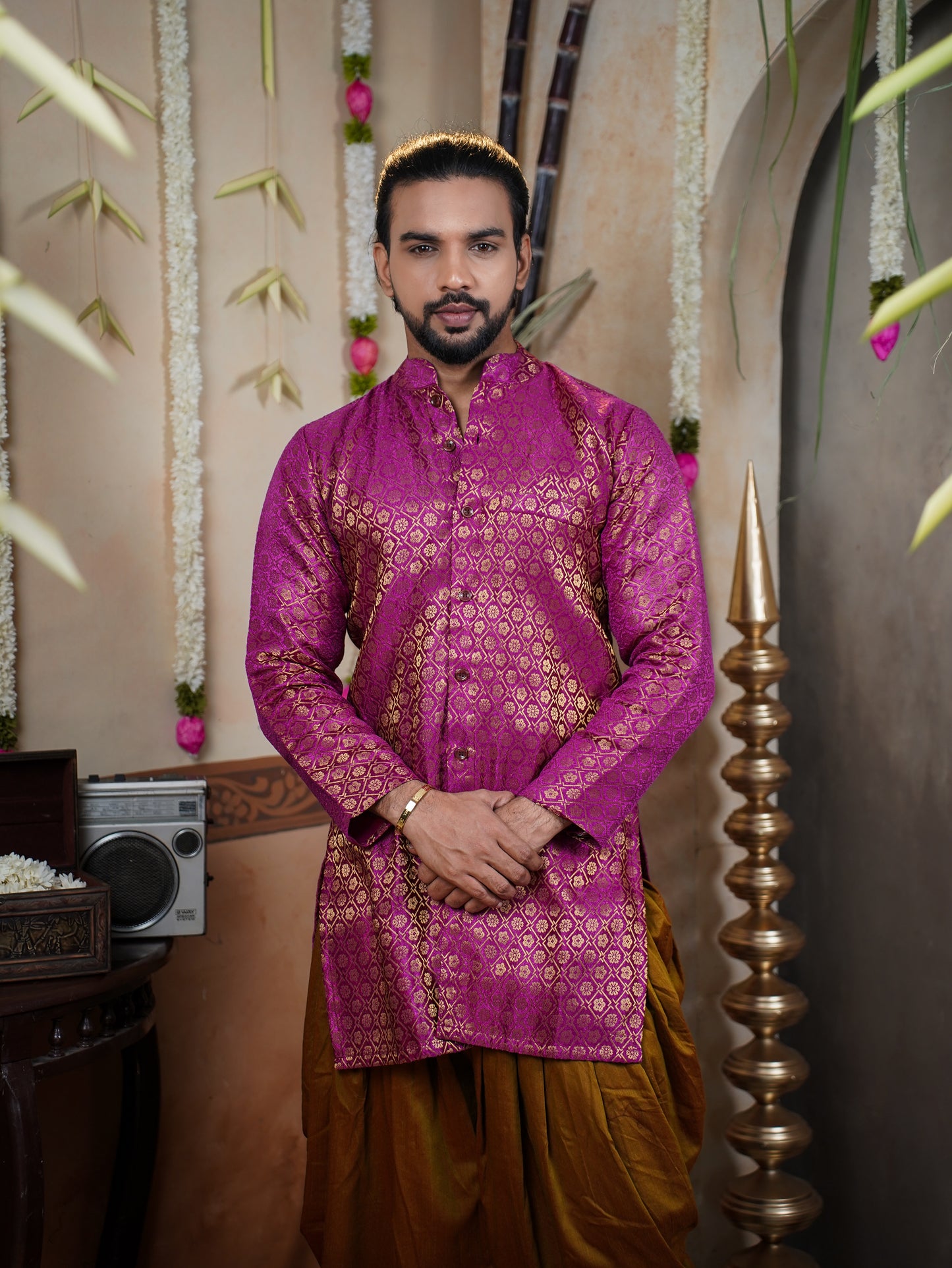 Men’s Semi Brocade Kurta Set with Dhoti Pant