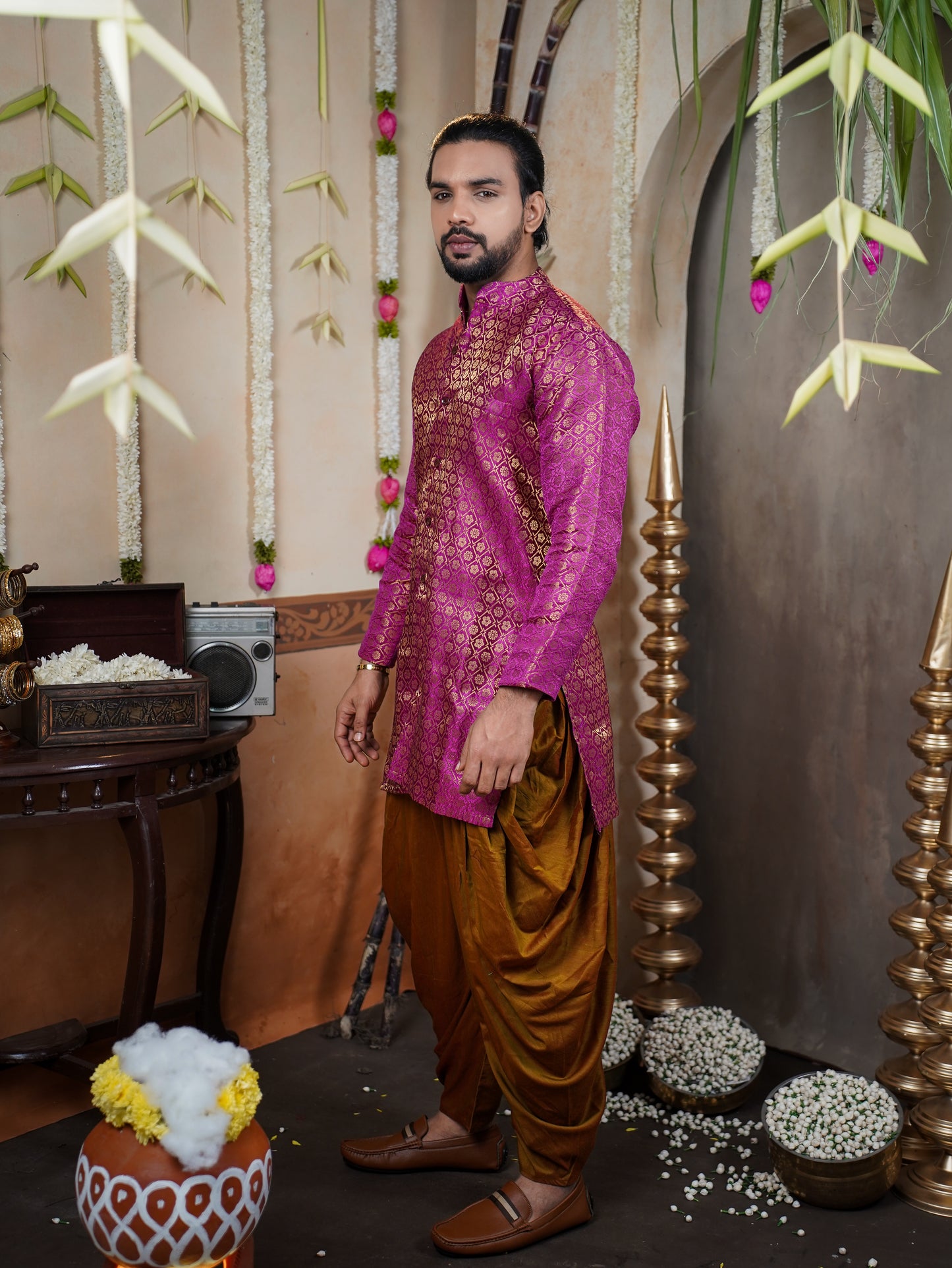 Men’s Semi Brocade Kurta Set with Dhoti Pant