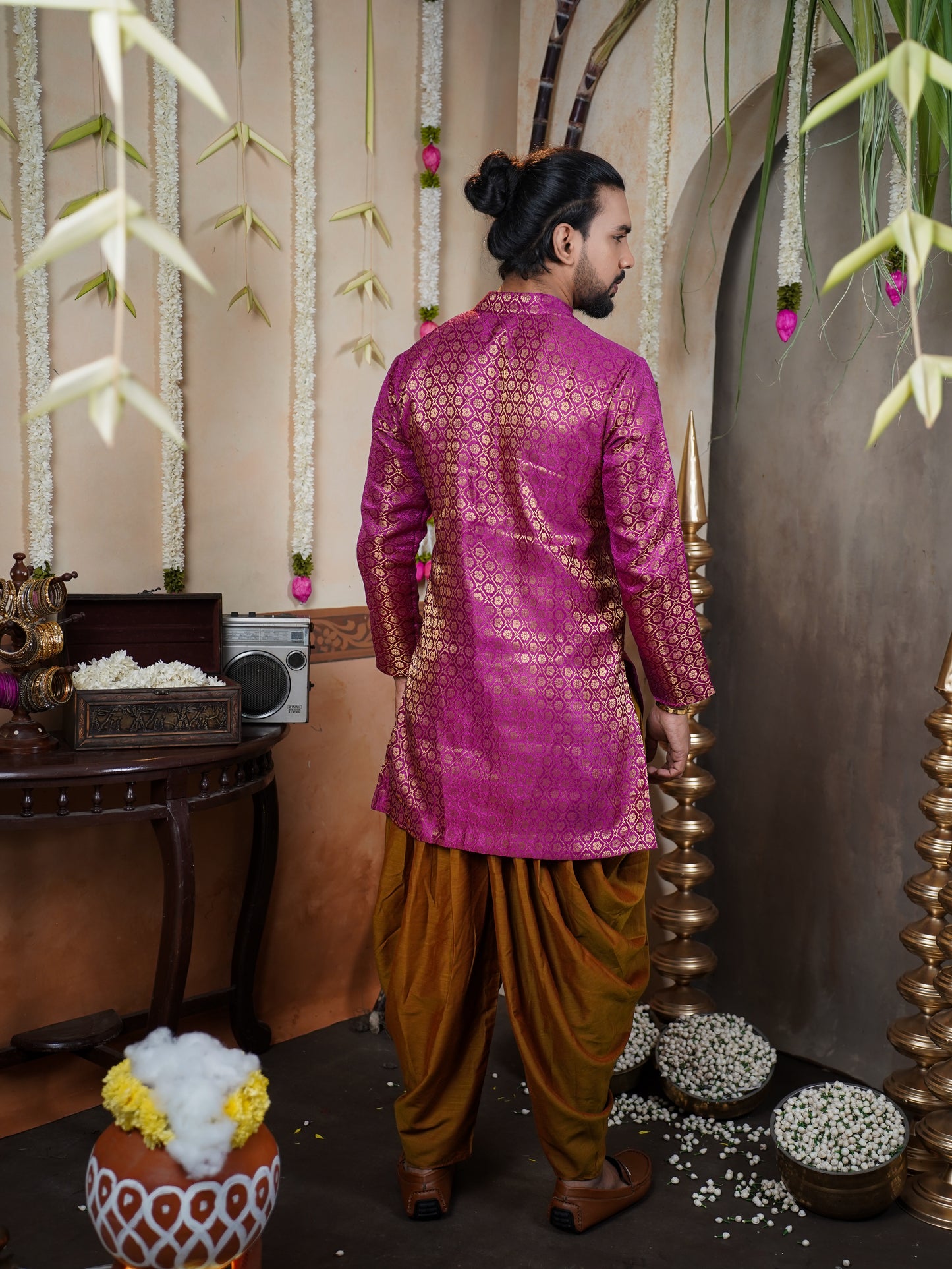Men’s Semi Brocade Kurta Set with Dhoti Pant