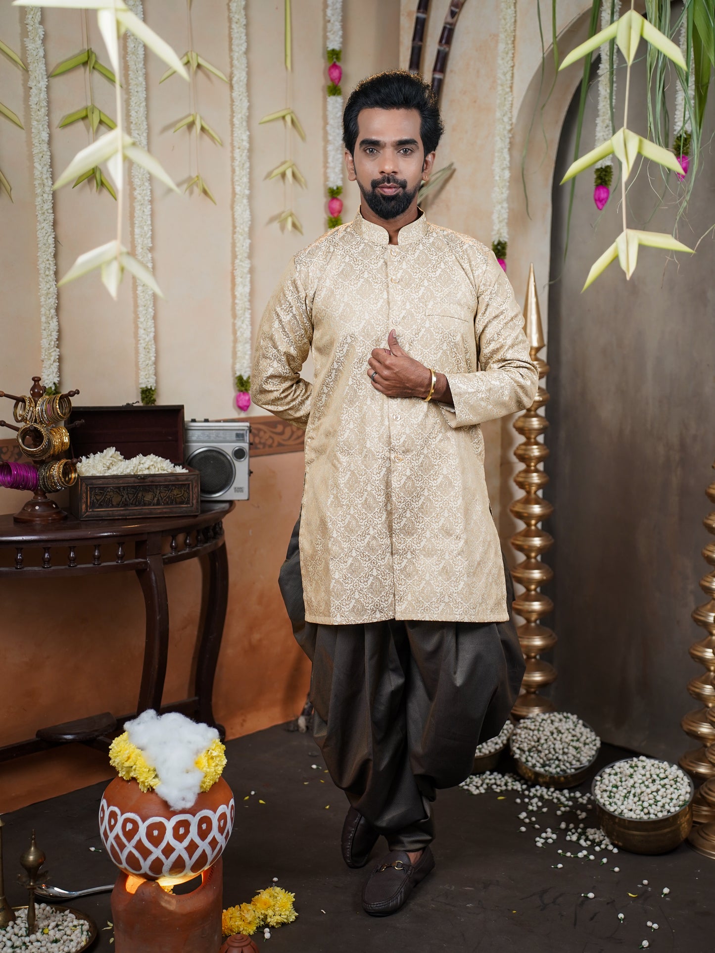 Men’s Semi Brocade Kurta Set with Dhoti Pant