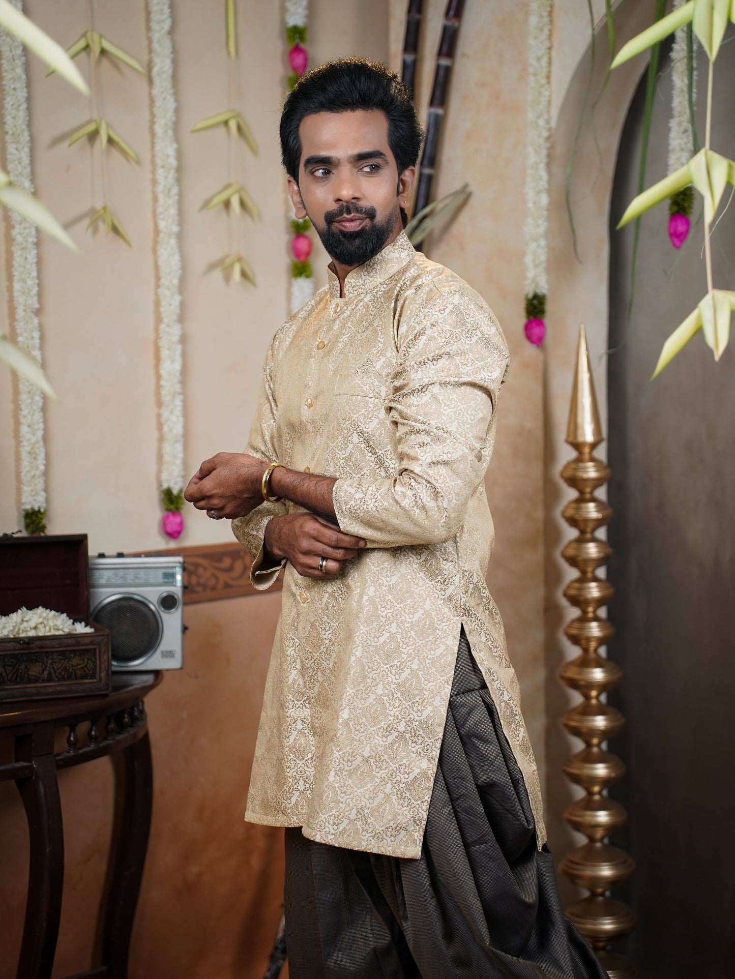 Men’s Semi Brocade Kurta Set with Dhoti Pant