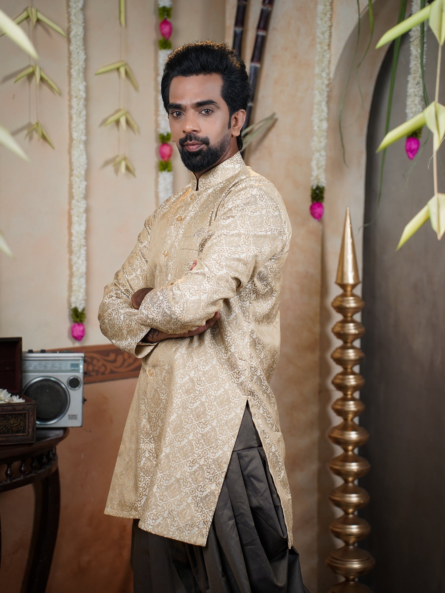 Men’s Semi Brocade Kurta Set with Dhoti Pant